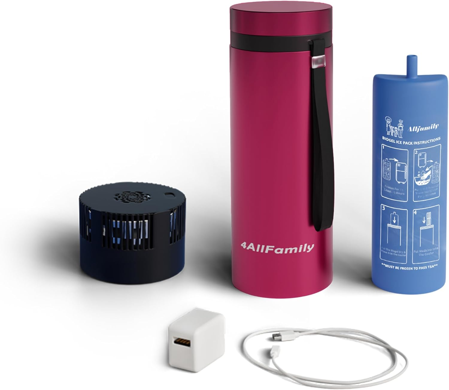 4ALLFAMILY 72 Hours 7 Pen Medical Insulin Cooler Travel CASE USB Charger + BIOGEL Ideal Diabetic Medicine Portable Insulina Carrying Bag TSA Approved Medication Bottle Diabetes Storage Vial (BLUE)