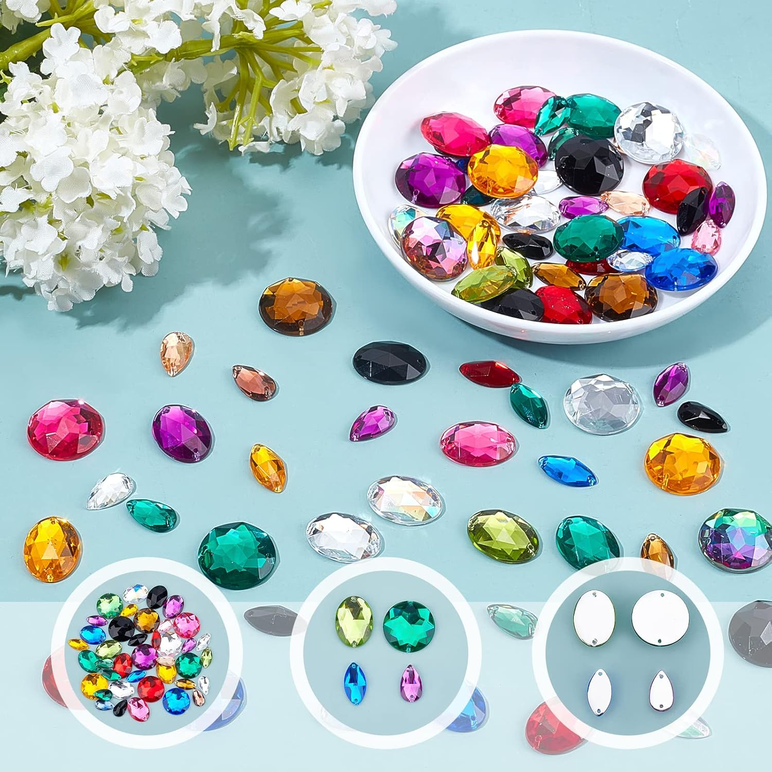 Pandahall Elite - 80 Pieces 10 Colours Rhinestone Acrylic Left Acrylic Rhinestone 2 Holes Rhinestone Sewing for Jewellery, Flat Back and Facets, 4 Shapes - Black image number 4