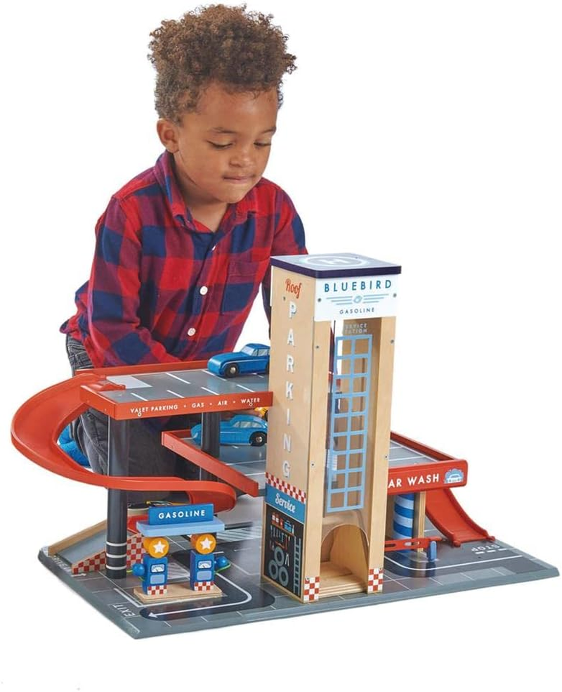 Tender Leaf Toys - Blue Bird Service Station - Classic Wooden Garage and Service Station for Cars and Helicopter with Ramps, Petrol Pumps and Car Wash Center - Imaginary and Roleplay for Children 3+ image number 2