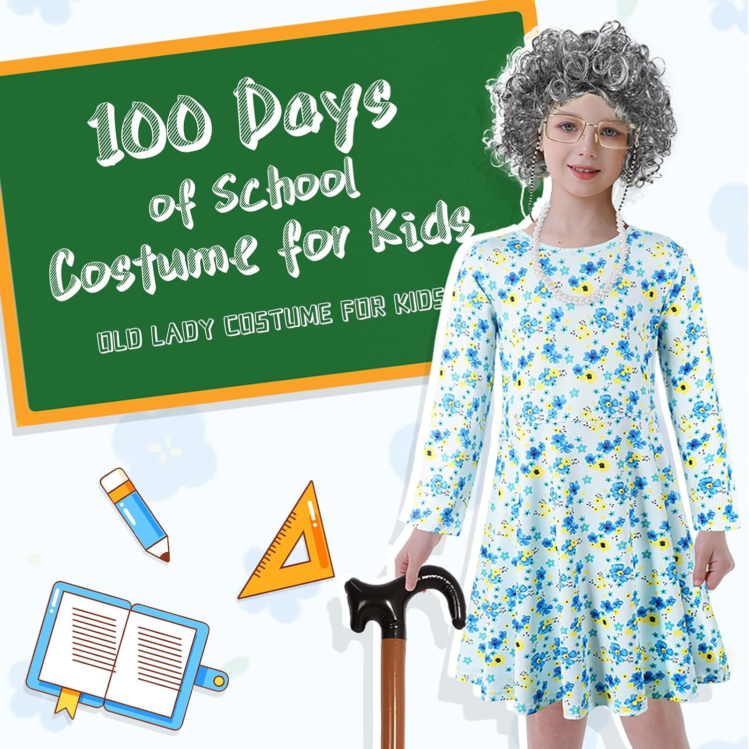 100 Days of School Costume Old Lady Costume for Kids Girls Granny Dress up 100 Year Grandma Halloween Cosplay with Accessories image number 2