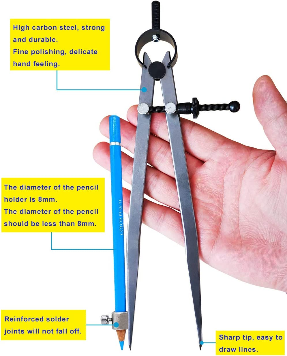 ZLKSKER 8" Precision Spring Wing Divider/Scriber with Pencil Holder, Steel Pencil Compass, Flat Leg Divider image number 1