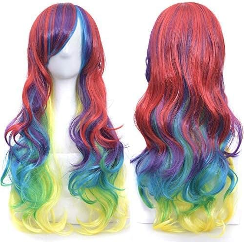 IMISSU 26'' Long Natural Hair Wigs Cosplay Wig with Bangs Colorful Halloween Costume Party Wigs for Women (Red Green Yellow)