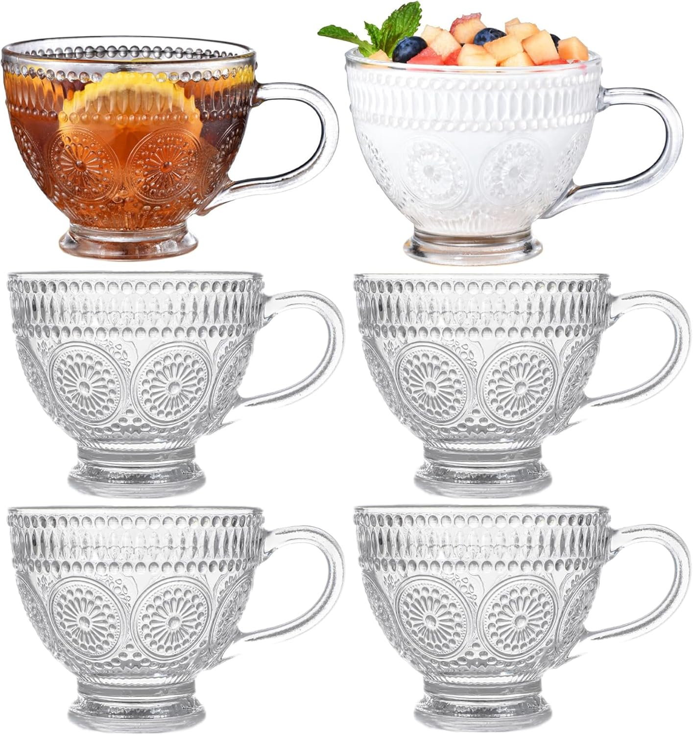 Blissora Large Embossed Tea Cup, Valentines Ribbed Coffee Mug Sets Pack of 2/4/6 for Cereal Cappuccino Dessert, Crystal Friend Mum Gift (Gold Rim, 4 Pack)