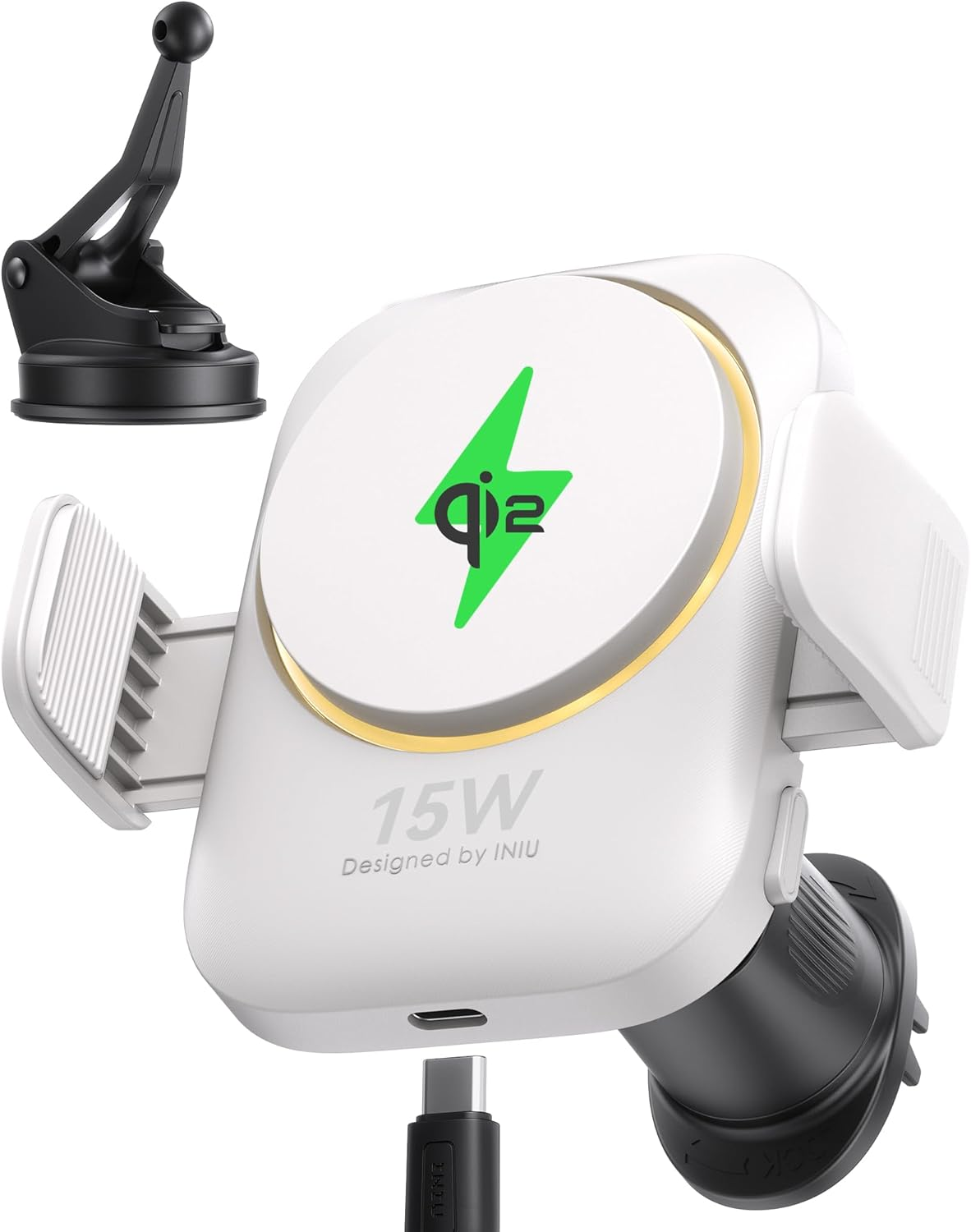 INIU Qi2 15W Car Phone Holder Wireless Charger, Ultra-Stable 22N for Magsafe Car Mount Charger with Cooling Fins & RGB Lighting ONLY Compatible with Iphone 16/15 / 14/13 / 12 Series [White] image number 4