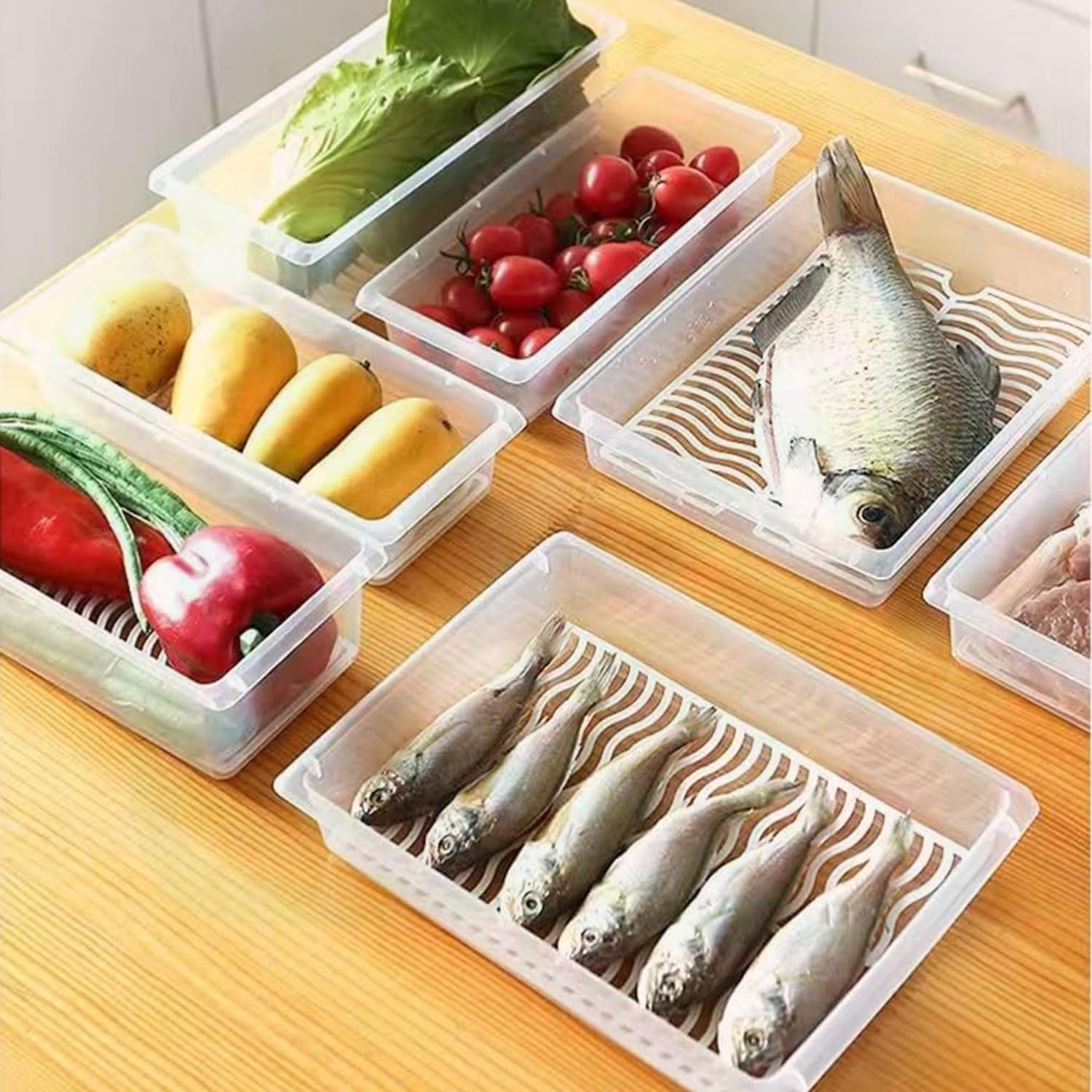 YIRANJIA 3Pcs Large Size Plastic Food Storage Containers Stackable Fridge Organiser for Fruit & Vegetable Storage or Wash, Kitchen Storage & Organisation Bins with Lids & Removable Drain Basket image number 3
