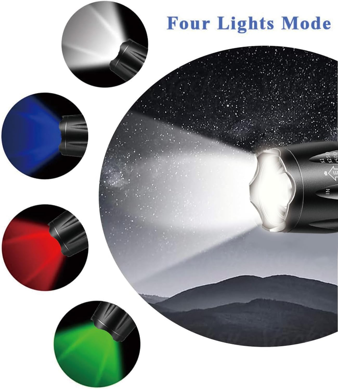 MODOAO 4 in 1 LED Flashlight Rechargeable Red Green Blue White Light Flashlight 4 Modes for Photography Fill Light Zoomable Waterproof Multicolor for Fishing Camping Hiking image number 5