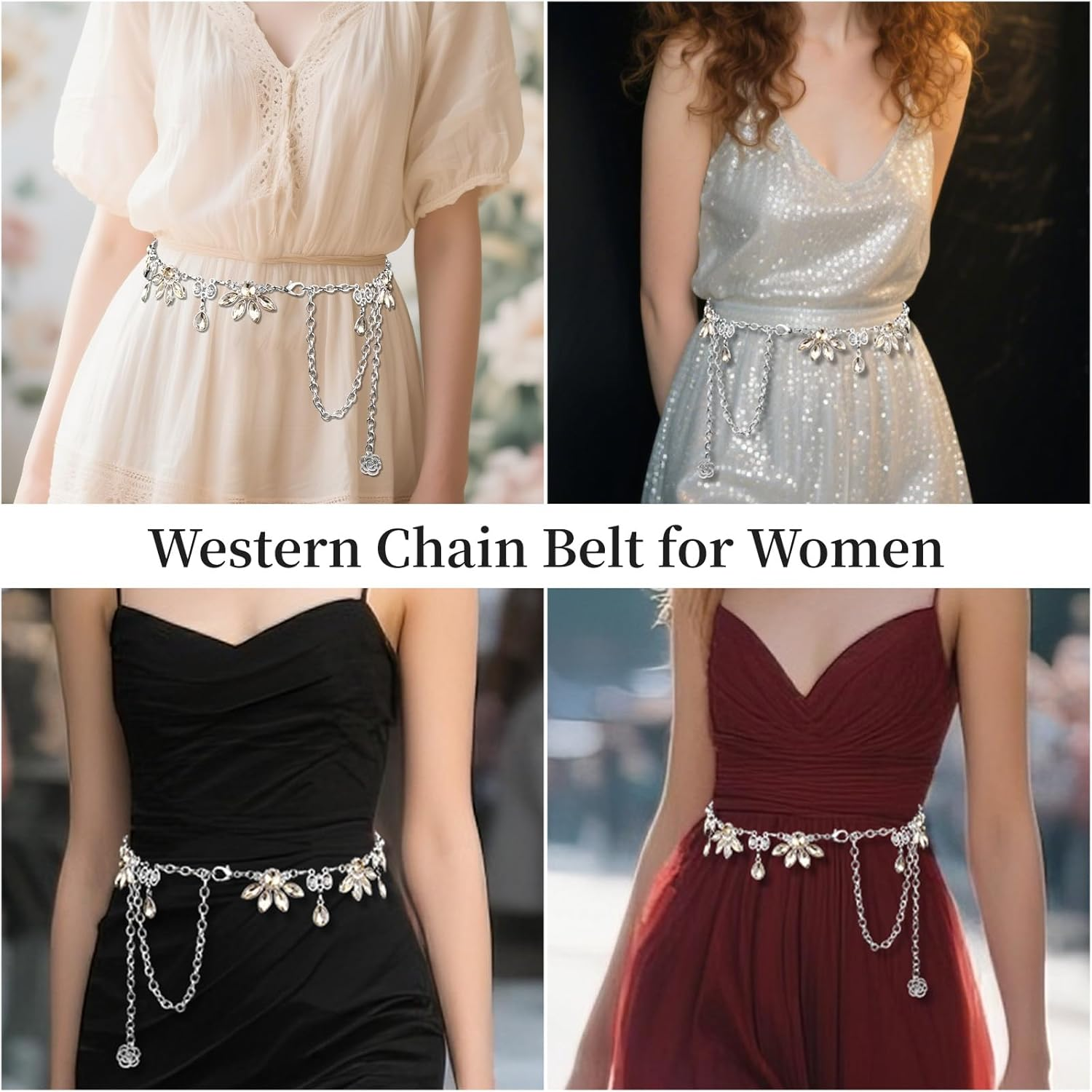 Women'S Floral Crystal Waist Chain Belt - Metal Rhinestone Western Belts Accessory Bling Bling Accessory for Dresses Jeans