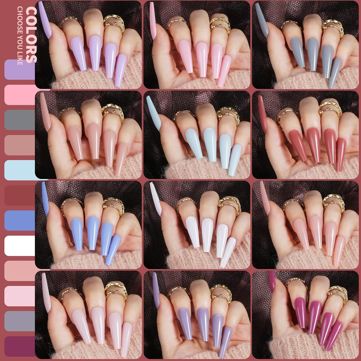 Teenitor Full Cover Color Press on Coffin Nails, 576Pcs Fake Nail Tips in 24 Colors, Glue on Long Ballerina False Nails