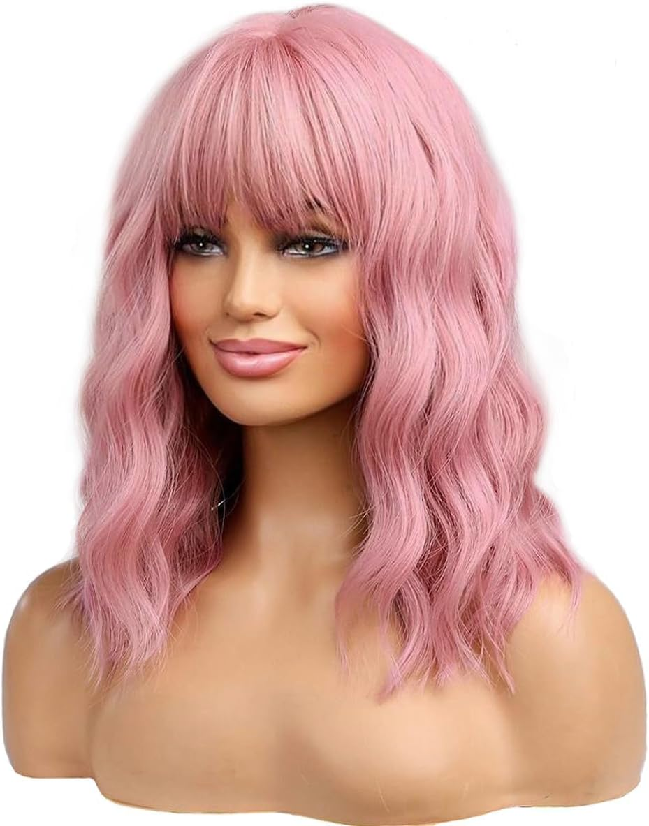 24 Inches Women Girls Short Curly Synthetic Wig with Bangs Lovely Pink image number 4