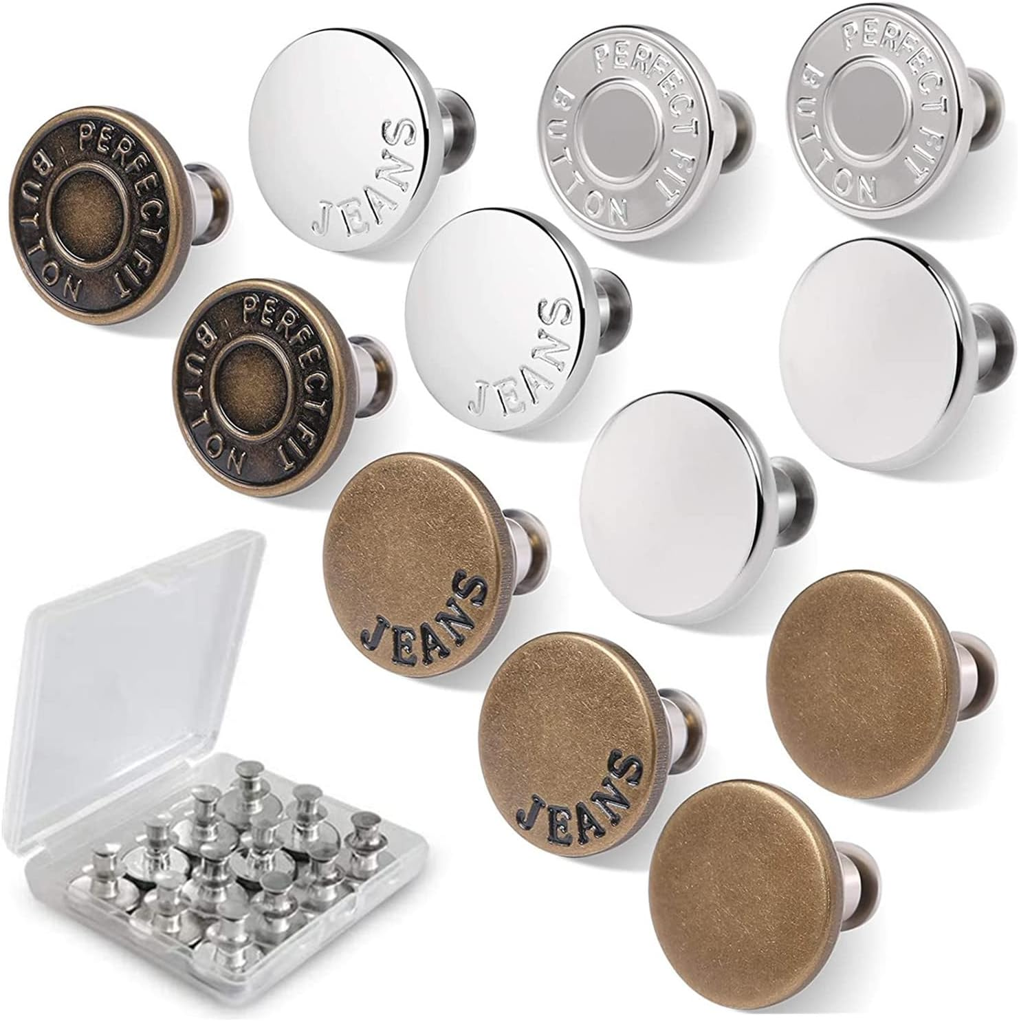 12 Sets Instant Replacement Snap Buttons for Jeans &ndash; No Sew & No Tools Metal Adjustable Pants Button Tightener, Reusable Jean Buttons for Loose Denim Repair (Glossy Silver-12Pcs)
