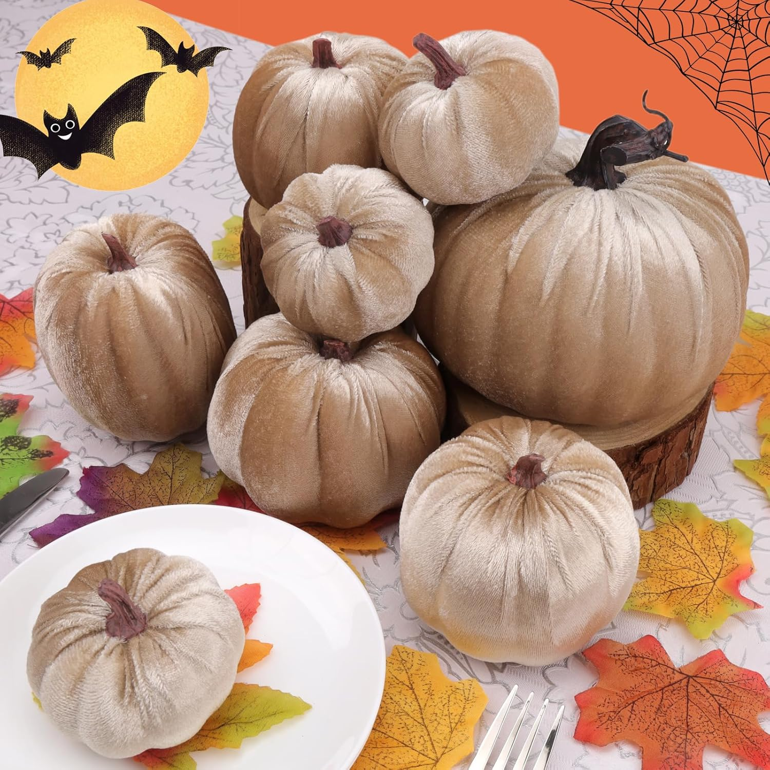 Gresorth 8Pcs Assorted Size Fake Handmade Champagne Velvet Pumpkins Artificial Fall Harvest Halloween Decoration for Home Kitchen Farmhouse Thanksgiving Wedding Festival - Orange image number 3