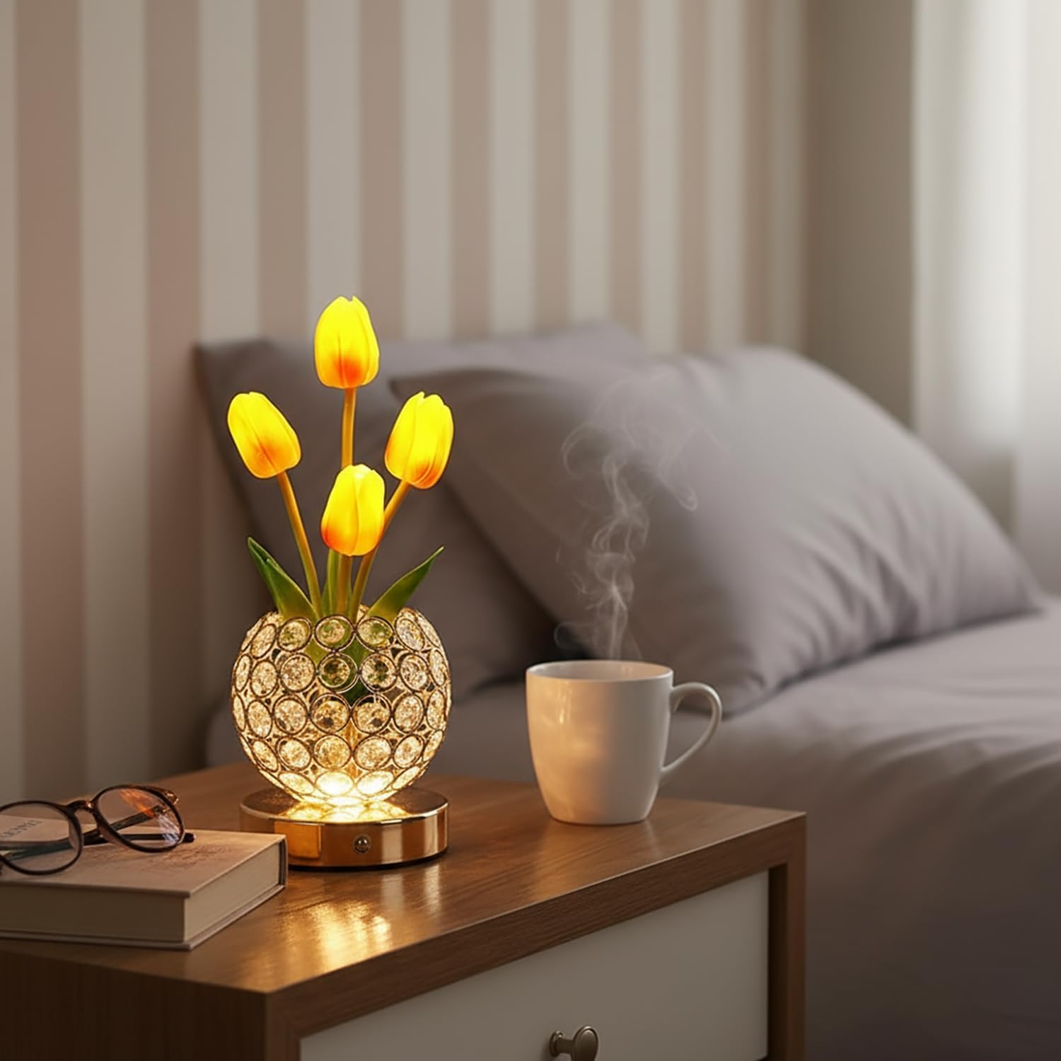 Crystal Tulip Table Lamp, 3 Colors Dimmable Artificial Flowers Light, USB Rechargeable Cordless Lamps, Bedroom Living Room Decoration, Valentine Day, Mothers Day, Christmas Day Gift (Orange Tulip) image number 5