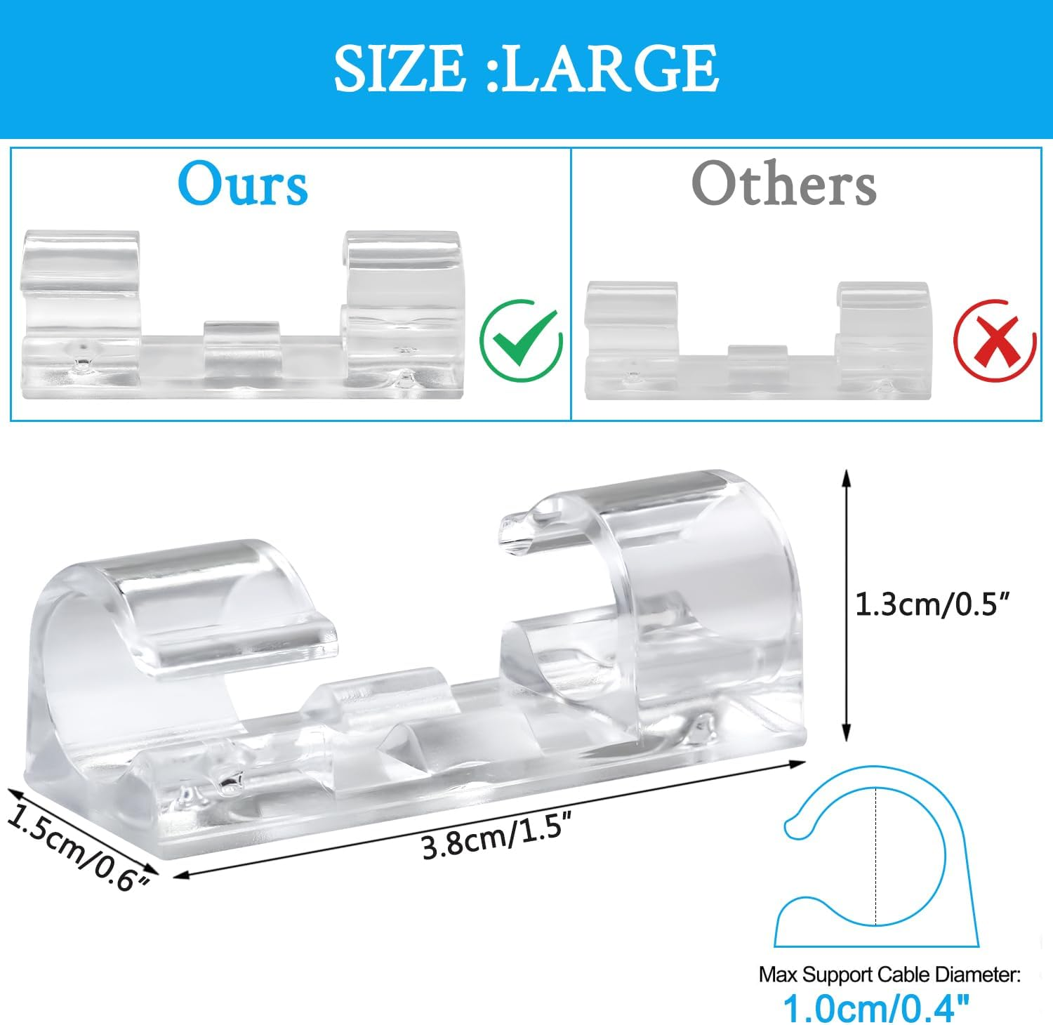 SOULWIT 50 Pcs Self Adhesive Cable Management Clips, Cable Organizers Sticky Wire Clips Cord Holder for TV PC Laptop Ethernet Cable Desktop Home Office (Transparent) - Black image number 3