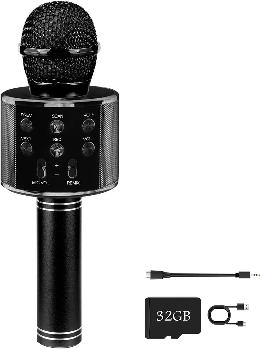 Wireless Bluetooth Karaoke Microphone for Kids, 5-In-1 Portable Handheld Karaoke Mic Speaker Player Recorder with Adjustable Remix FM Radio for Kids Girls Boys (With 32G TF Card,Black)