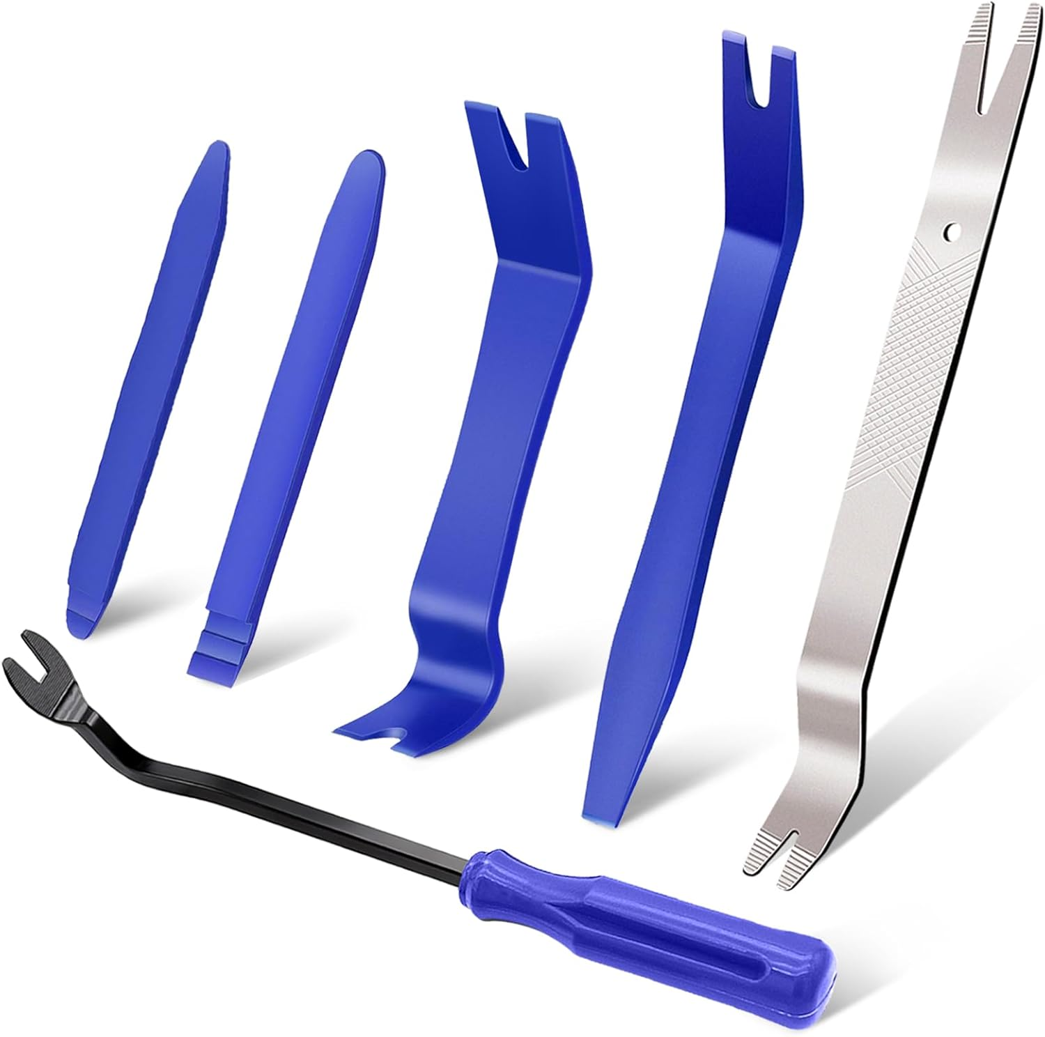 5 PCS Nylon Auto Trim Removal Tool Kit 1 Pc Metal Pry Tool, Door Panel Removal Tool Fastener Remover for Car Dash Radio Audio, Yellow