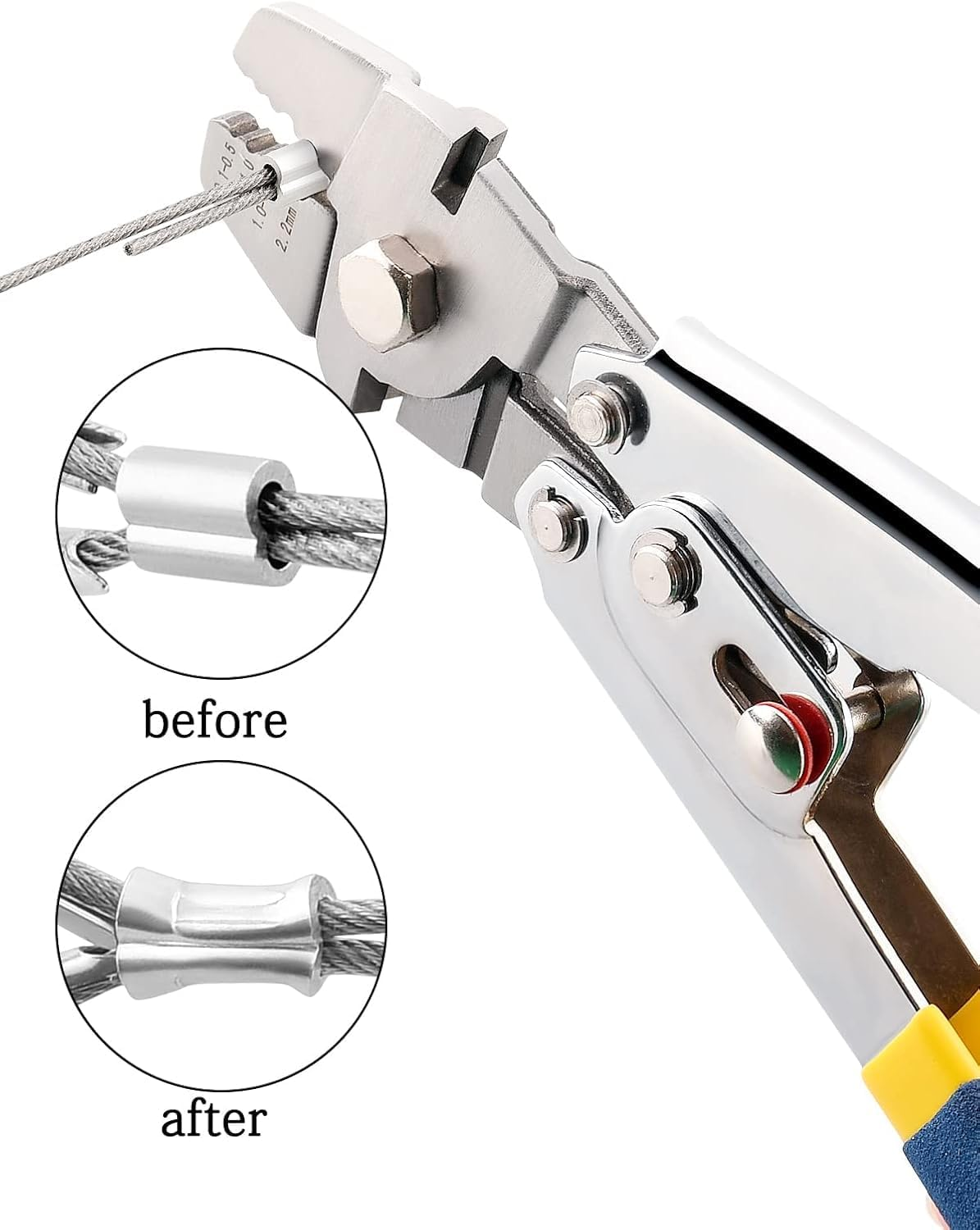 Wire Rope Crimping Tool Kit, Wire Rope Swager Crimper up to 2.2Mm with Aluminum Double Barrel Ferrule Crimping Loop Sleeves, Stainless Steel Thimbles and Cable Cutter for Cable Crimping