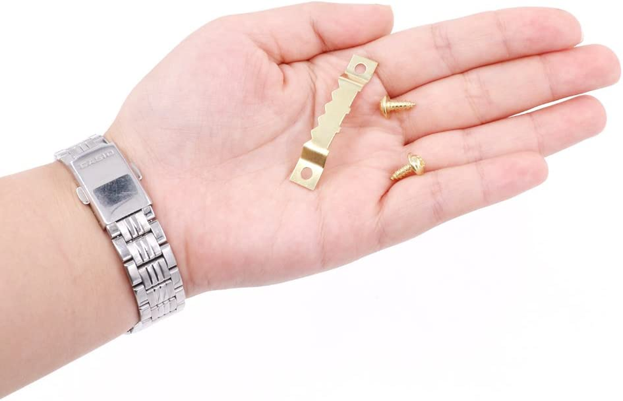 120Pcs Golden Stainless Steel Sawtooth Picture Hangers Frame Hanging Hangers Double Hole with Screws for Picture Painting Frame Cross-Stitch image number 5