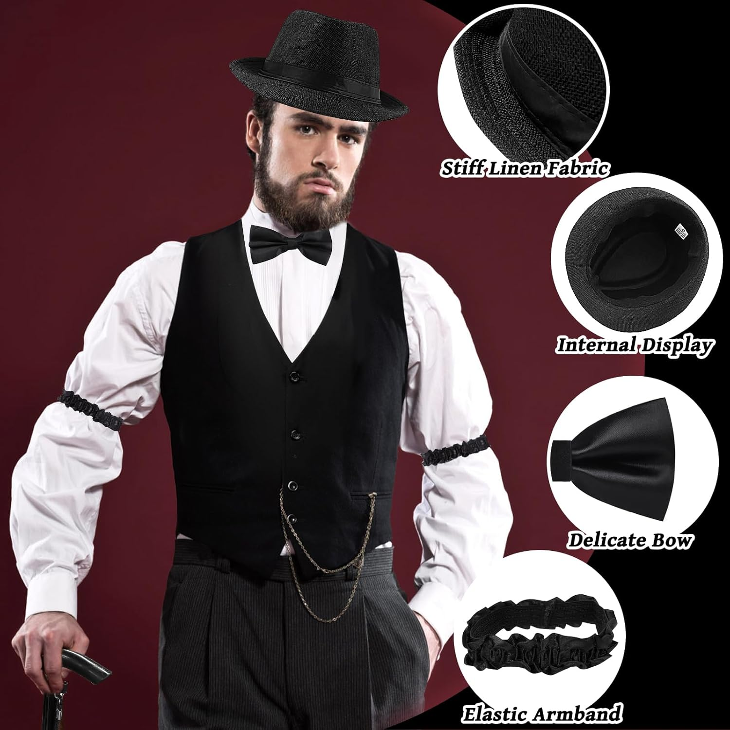 8PCS 1920S Gatsby Costume Accessory Set, 20S Costume Set with Hat, Bow Tie, Pocket W-Atch, Suspenders, Glasses for Men Adults Cosplay Party Supplies Dress Up image number 1