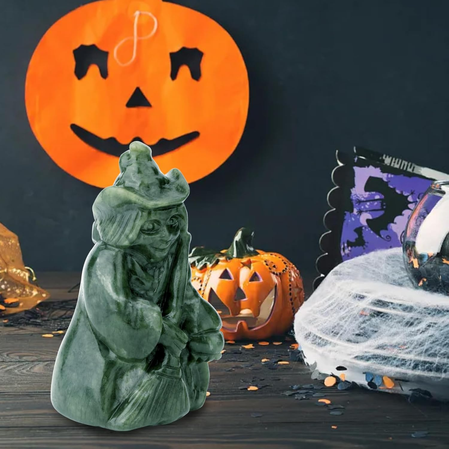 Gemshan Witch Figurine for Halloween Decorations,Jade Statue with Magic Witch Holding Broom Sculpture Spooky Halloween Decor for Home Table Tray Shelf