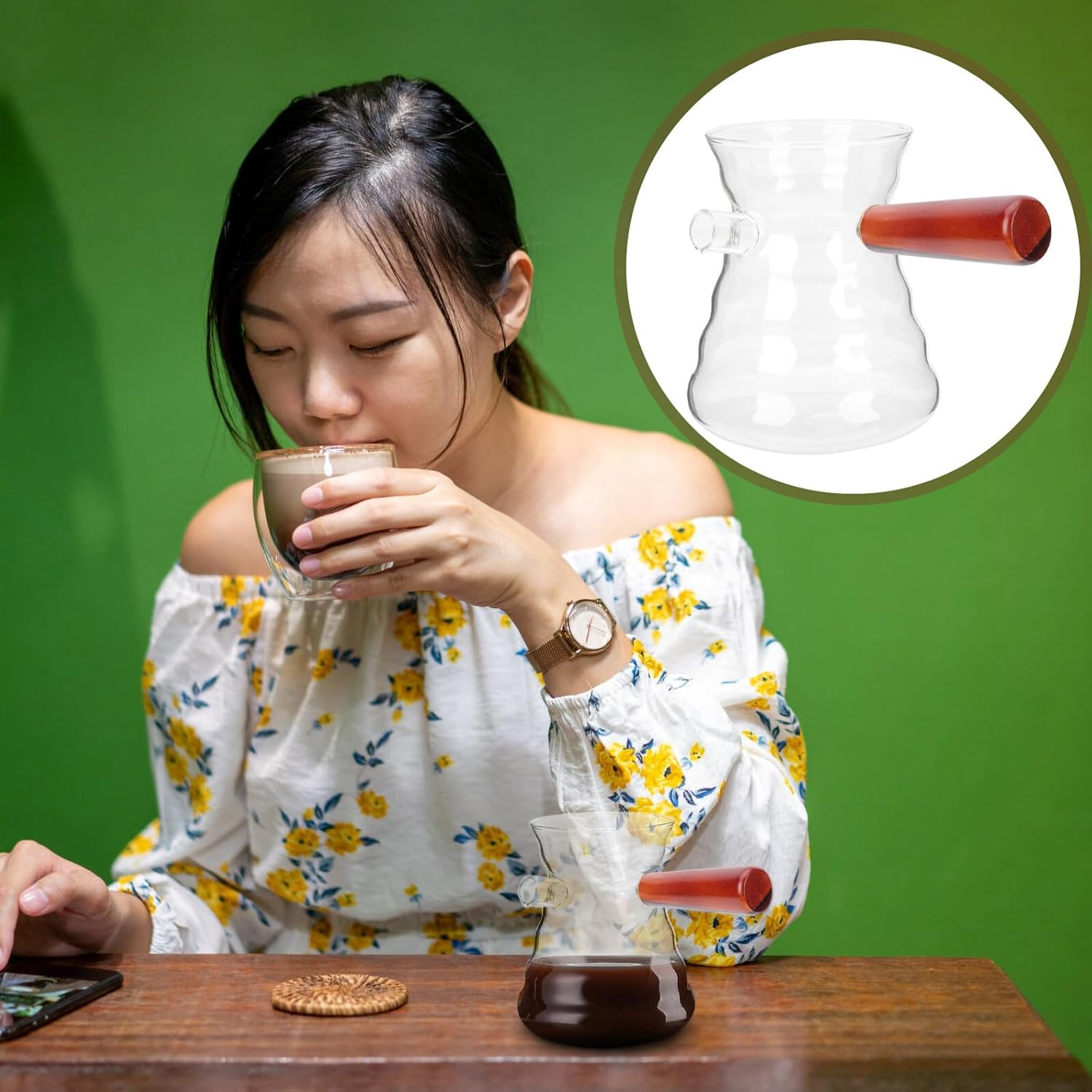 MAGICLULU Heat-Resistant Turkish Glass Coffee Kettle 600Ml with Wooden Handle Manual Pour-Over Pot for Home Coffee Brewing and Espresso Preparation image number 5