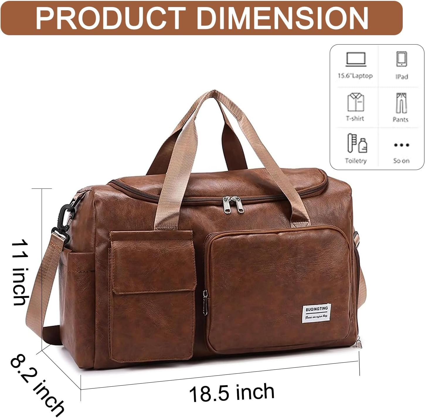 Small Leather Travel Bag with Shoe Pouch, Carry on Weekender Overnight Bag Waterproof Travel Duffel Bags Gym Bags for Men or Women, Brown image number 6