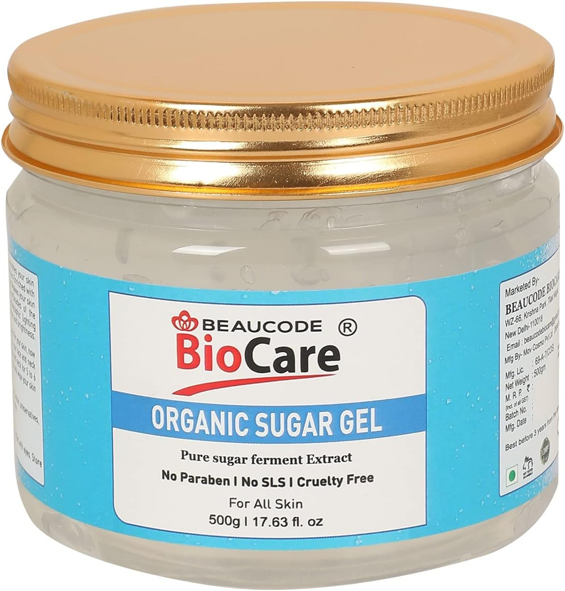 BEAUCODE Biocare Organic Sugar Face & Body Gel | Pure Sugar Ferment Extract | 100% Vegan | No Paraben | No SLS| Cruelty Free | for All Skin Types -500G