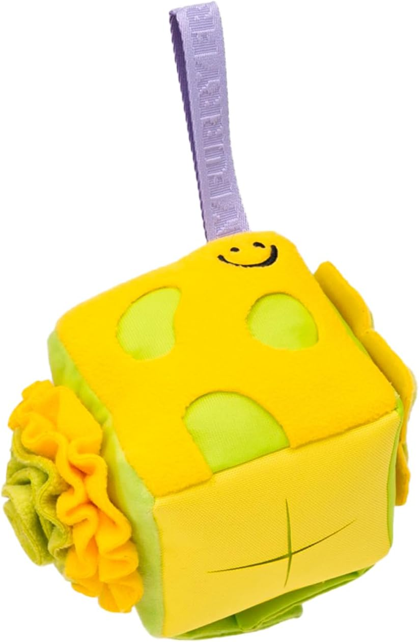Interactive Treat Dispensing Dog Plush Toy in Shape of Cube, Light Yellow and Green, with Squeaker and Crinkle Paper, Snuffle Toy for Dogs image number 5