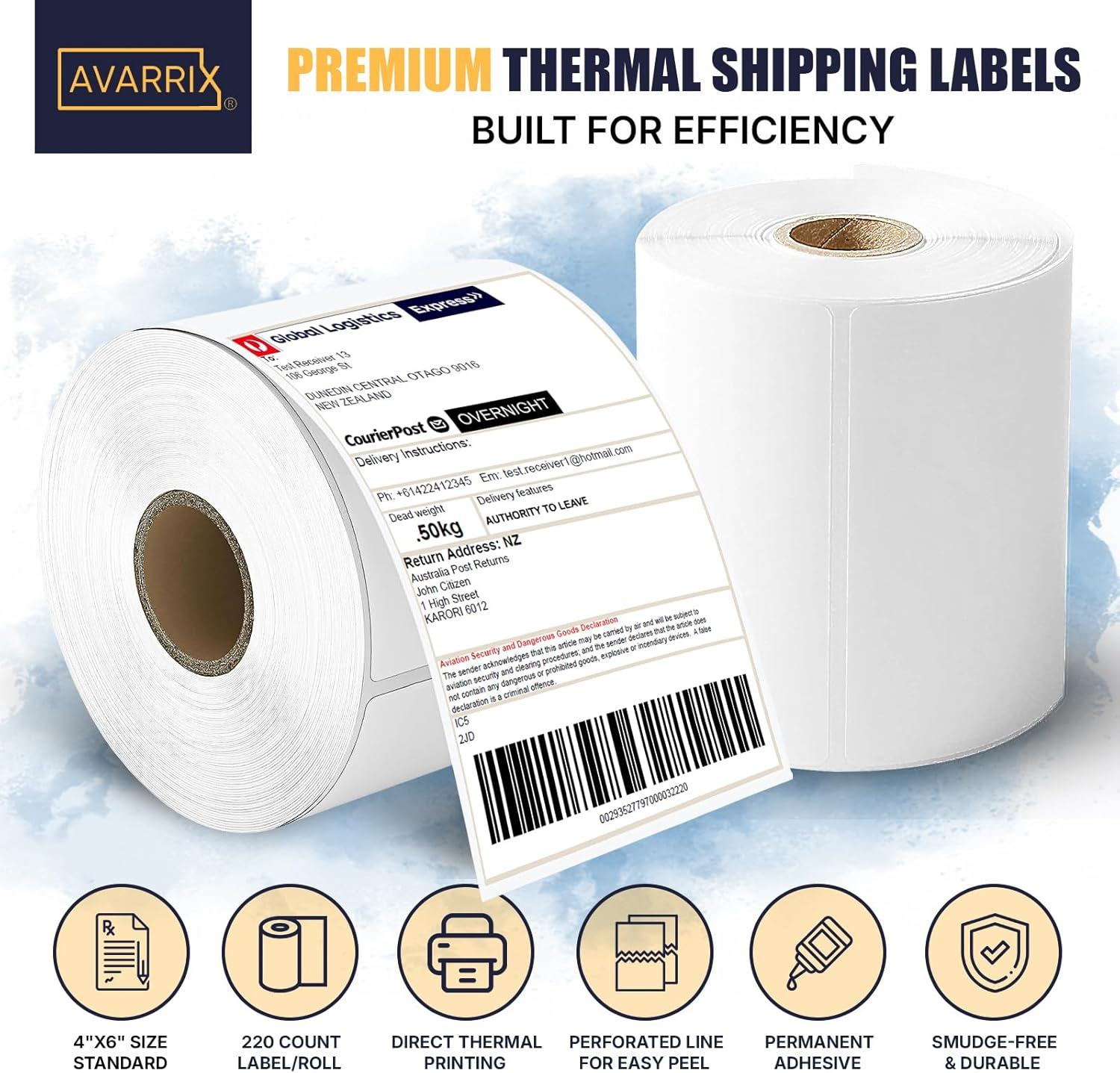 Avarrix Australia 4"X6" Thermal Shipping Labels 2 Pack, Direct Thermal, 220 Labels/Roll, Compatible with Dymo, Rollo, Zebra, Perforated, Permanent Adhesive, for Shipping, Logistics & E-Commerce image number 2