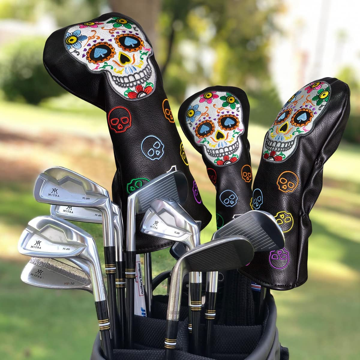 Montela Golf Club Covers,Colorful Skeleton Putter Cover Driver Covers Fairway Wood Headcover Hybrid Cover Leather Blade Putter Headcover Mallet for Brand image number 5