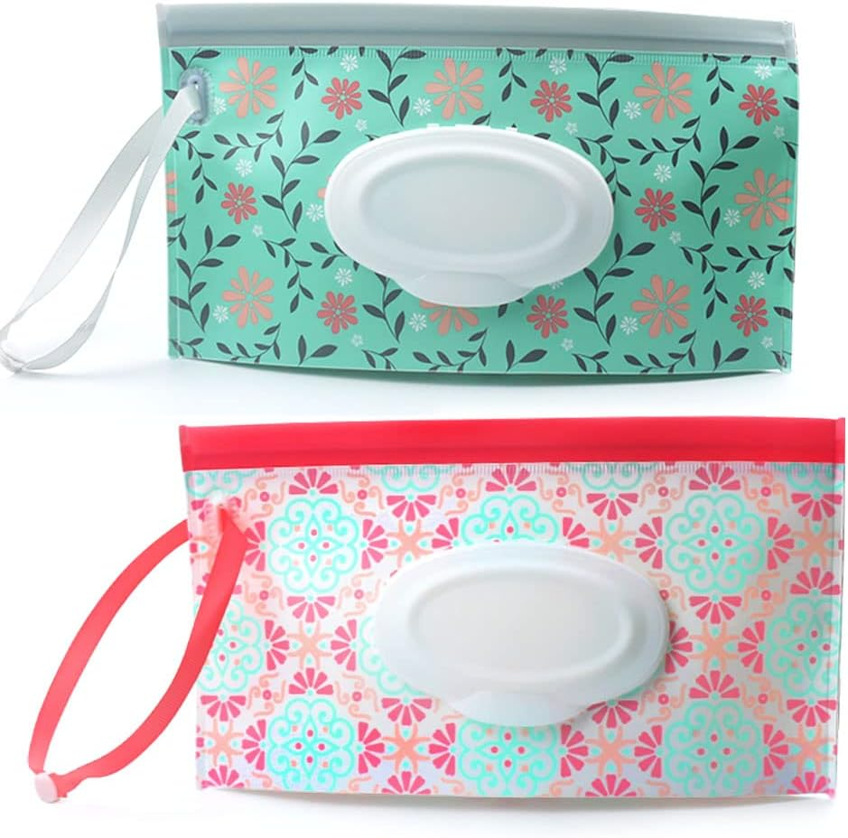 Baby Wipe Dispenser,Portable Refillable Wipe Holder Wipe Dispenser Bag Reusable Travel Wet Wipe Pouch (Red Green) image number 1