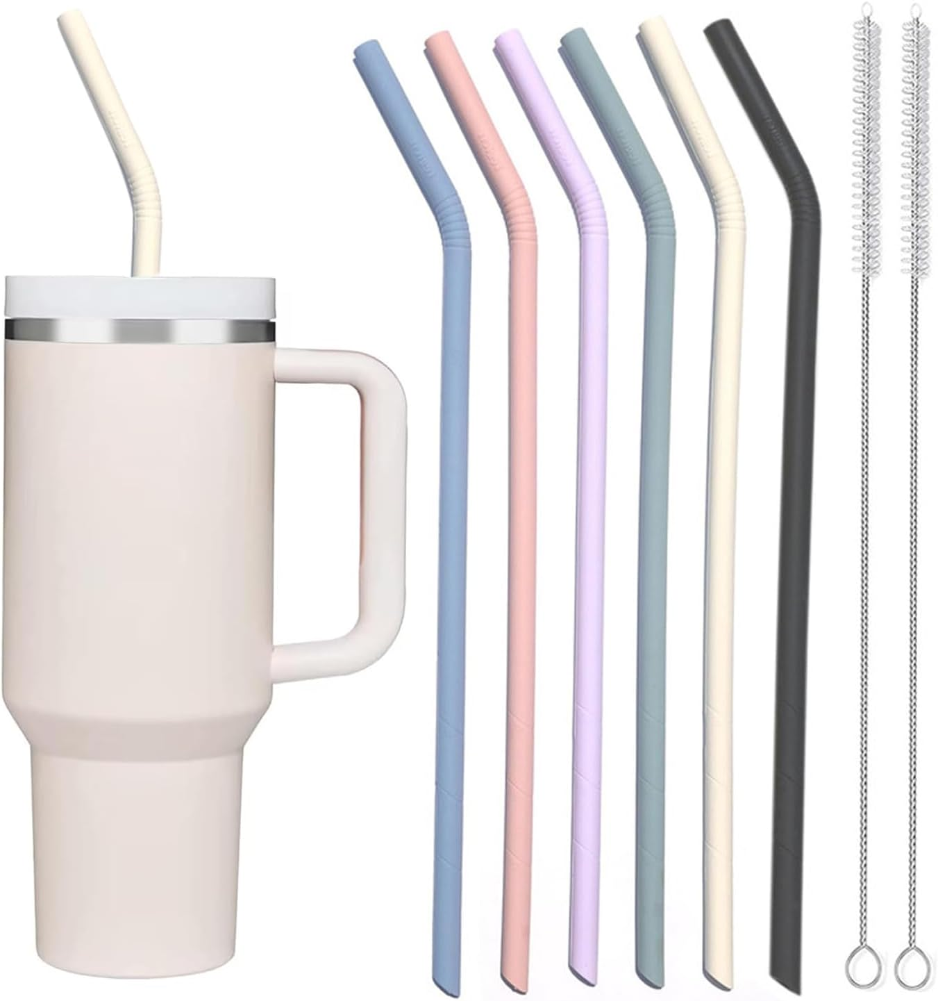 Silicone Straws for Stanley Cup Extra Long Replacement 6 Pack - Pastel Colour Reusable Drinking Straws with 2 Cleaning Brushes, Food Grade Soft Flexible Straws for 30Oz/40Oz Tumblers