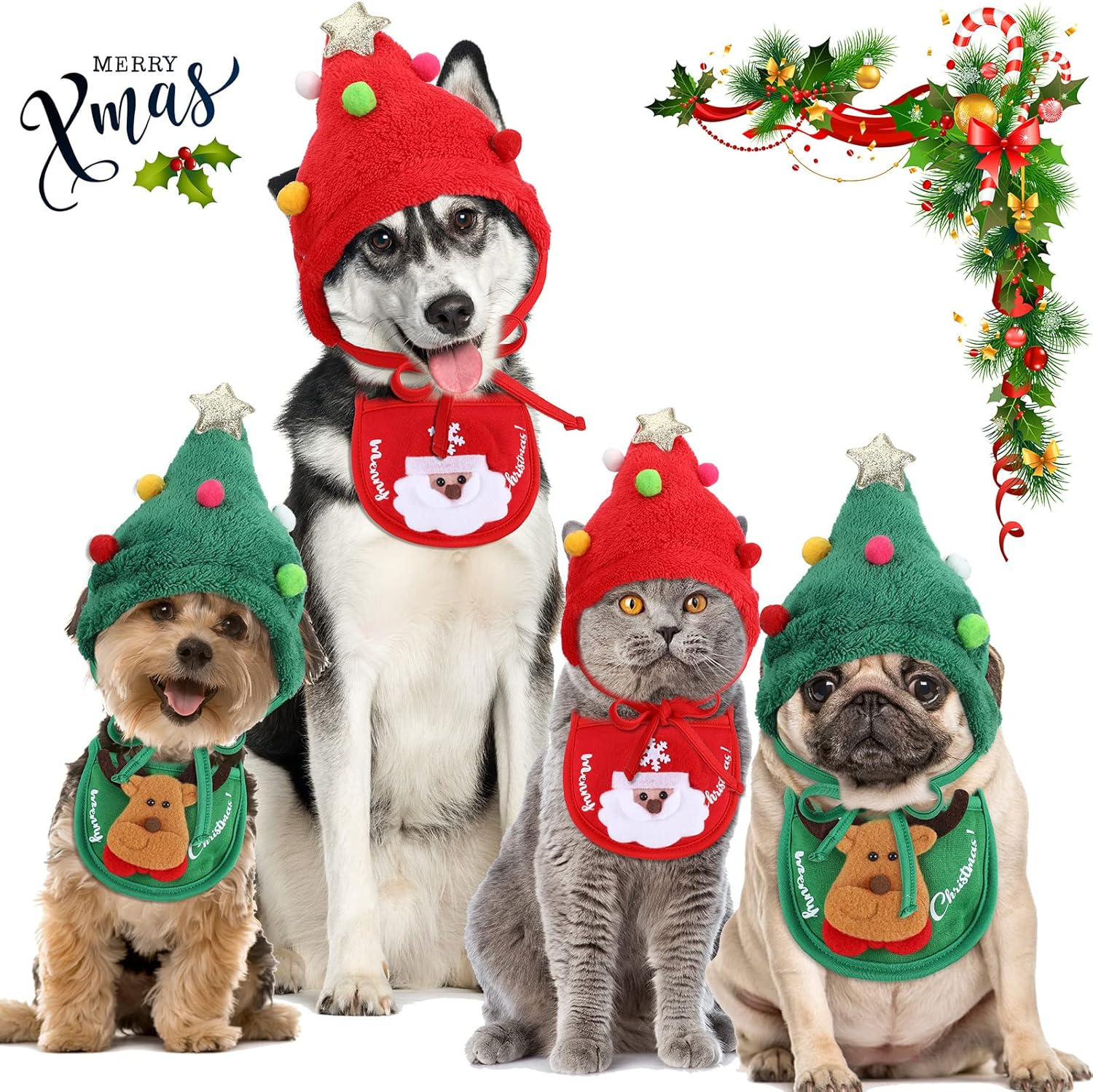 Lauwell 4 Pcs Christmas Dog Pet Costume Include 2 Christmas Tree Hat Small Dog Headgear and 2 Adjustable Collars Bib Santa Elf Cat Bib for Xmas Dog Cat Outfit Clothing Party Accessory image number 2
