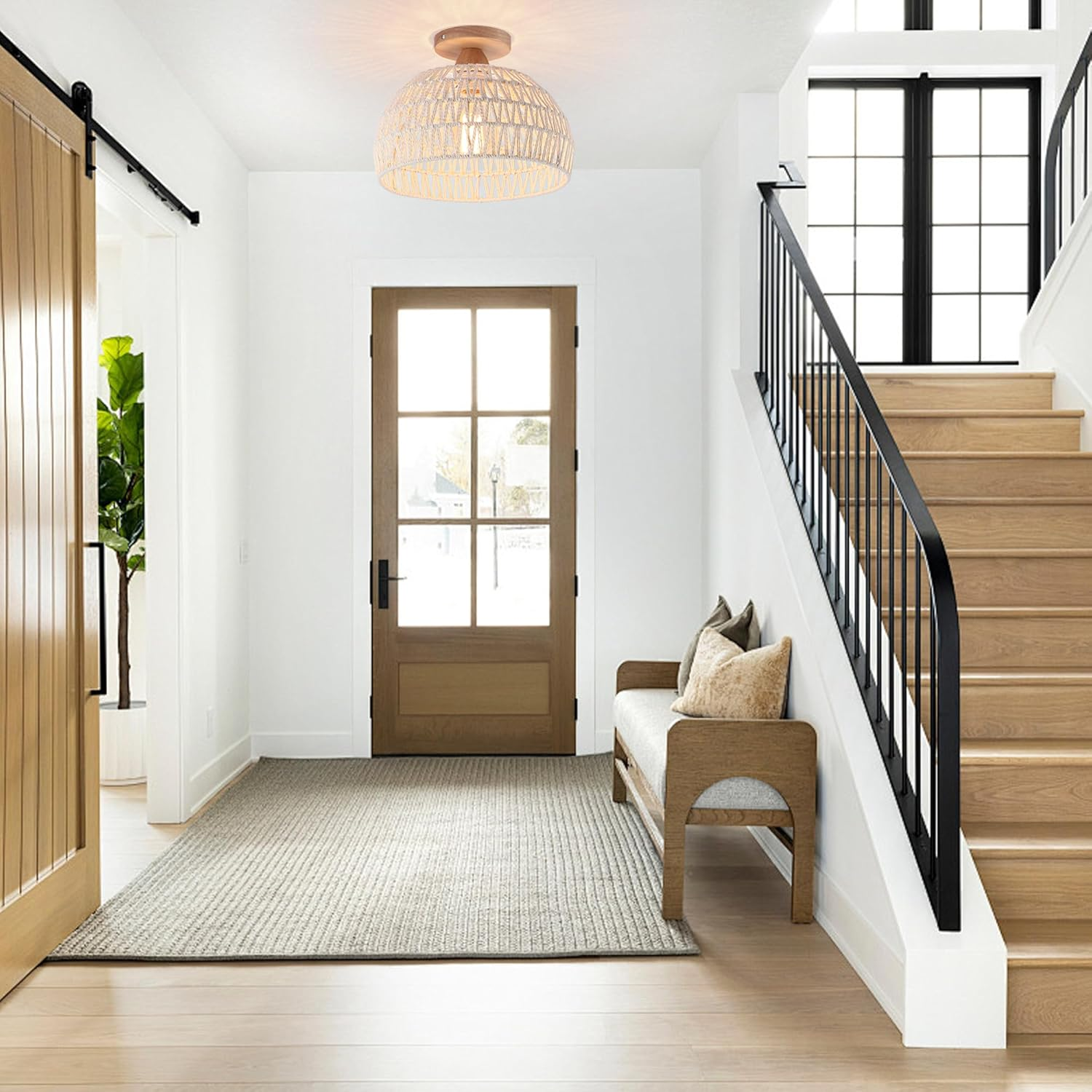 Oninio Rattan Ceiling Light,Boho Semi Recessed Ceiling Light,Handmade Lighting Fixtures,E27 Vintage Chandelier Rustic White Rattan Lamp for Living Room Bedroom Dining Kitchen Bulb Not Included - Rattan Lamp/2-Lights/Brown/12Cm image number 3