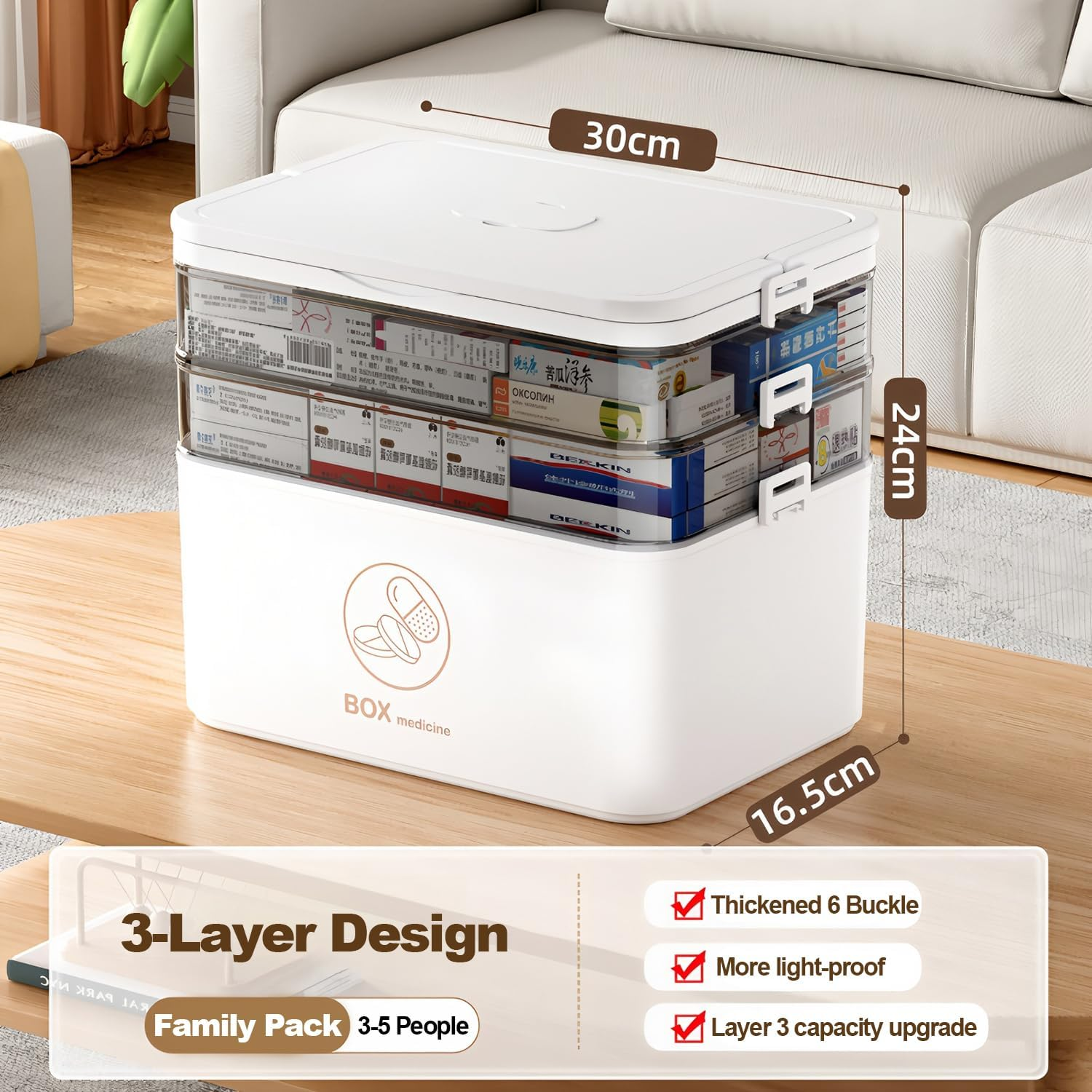 Medicine Storage Box with Handles,3-Tier Portable PP Large Capacity Household Portable Medical Storage Box,Sealing Buckle & Dual Trays Partitioned Bedroom Storage for Family, Office and Travel image number 6