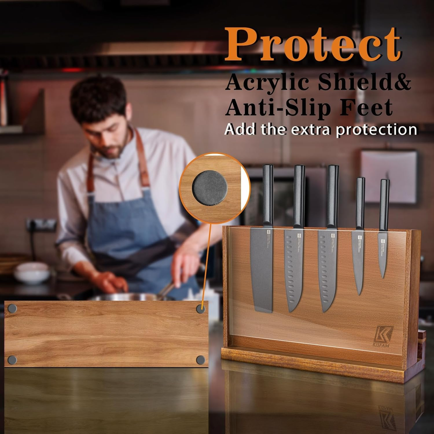 Magnetic Knife Holder, Wooden Knife Block with Double Sided Strong Magnets and Acrylic Protection Shield for Kitchen Multifunctional Knife Storage Knife Block without Knives (38Cm)