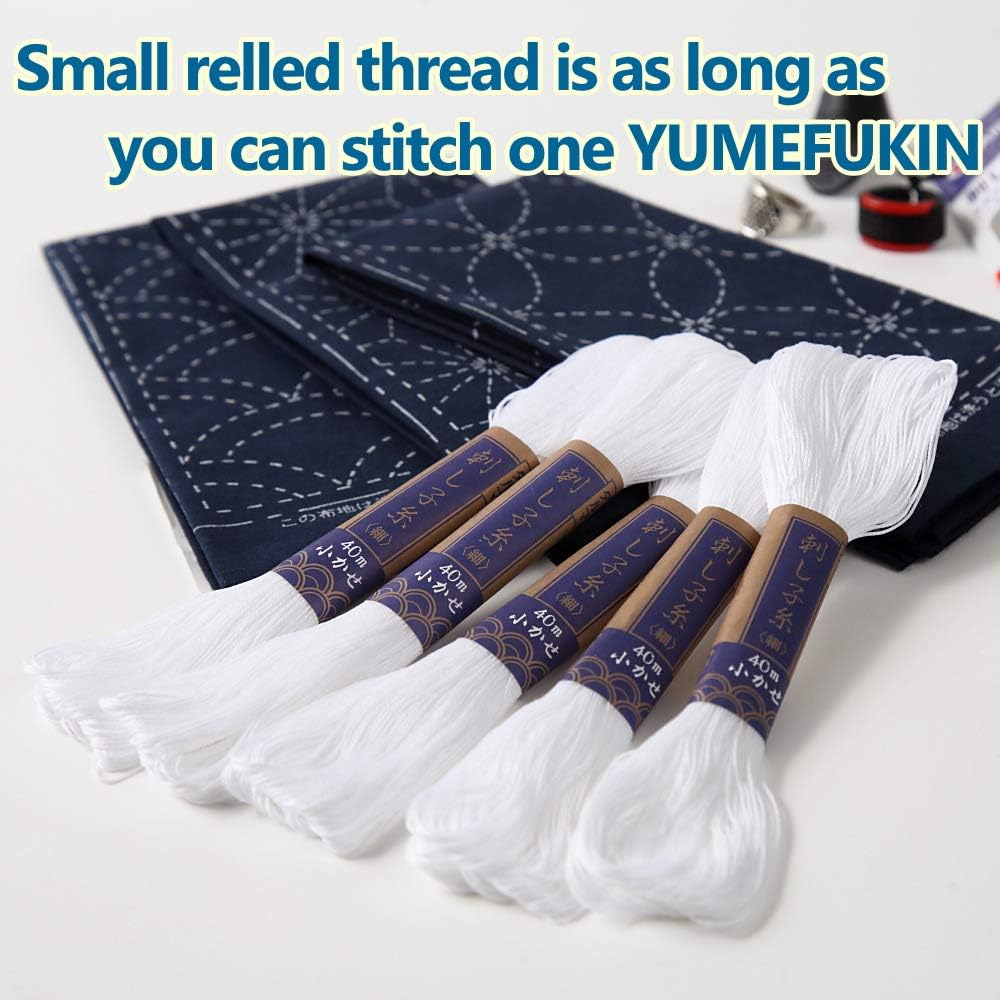 Sashiko Kit, Yokota Sashiko Thread, Needles and Template Yume Fukin with Original English Manual, Thimble Sewing Set, Fabric, Japanese Textile (White Thread/Navy Dishcloth) image number 1