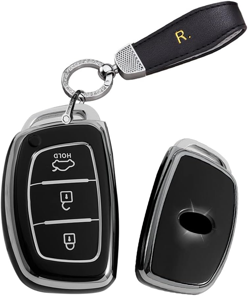 HIBEYO Key Fob Cover for Hyundai Tucson Sonata Fe Creta Mistra Elantra Ioniq Venue IX35 I10 I20 I30 I40 Solaris Kona Accent 2018-2022 Car Accessories TPU Silver-Edge with Leather Keychains-Whtie