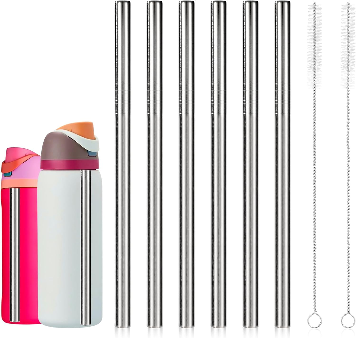 6Pcs Stainless Steel Water Bottle Straws for Owala Water Bottle 24Oz/32Oz, Reusable Straw Replacement with 2Pcs Straw Clean Brushes(Silver)