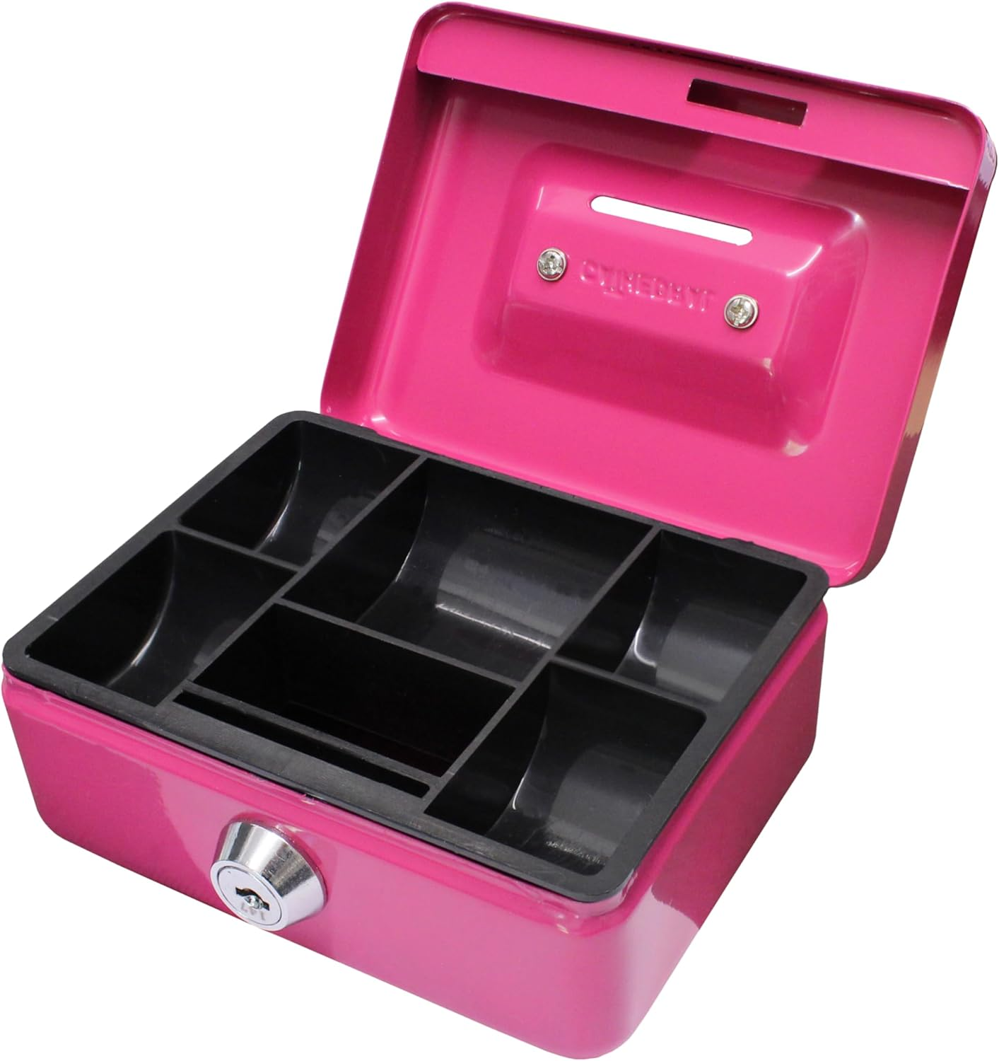 Cathedral Products Key Lockable Cash Box with Lift Out 6 Compartment Coin Tray - 6 Inch - Pink