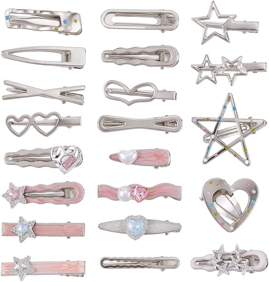 SOFPLATE 1 Box of 21 Silver Hair Clips in Heart and Star Shape Shiny Glitter Hair Clips with Press Stud Double Star Hair Pins Accessories Bow Love Headwear for Women Long and Short image number 2