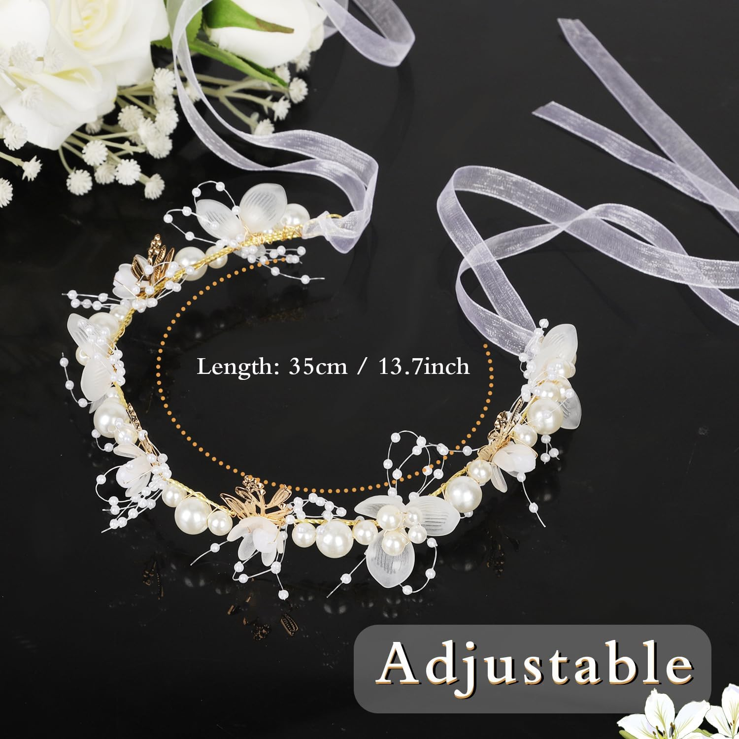 NQEUEPN Flower Girl Hair Accessories, 13.7 X 1.96 Inch Tiara Wedding White Children'S Hair Accessories Adjustable Girl Flower Headband with Pearls Flower Women'S Headband (Gold) image number 2