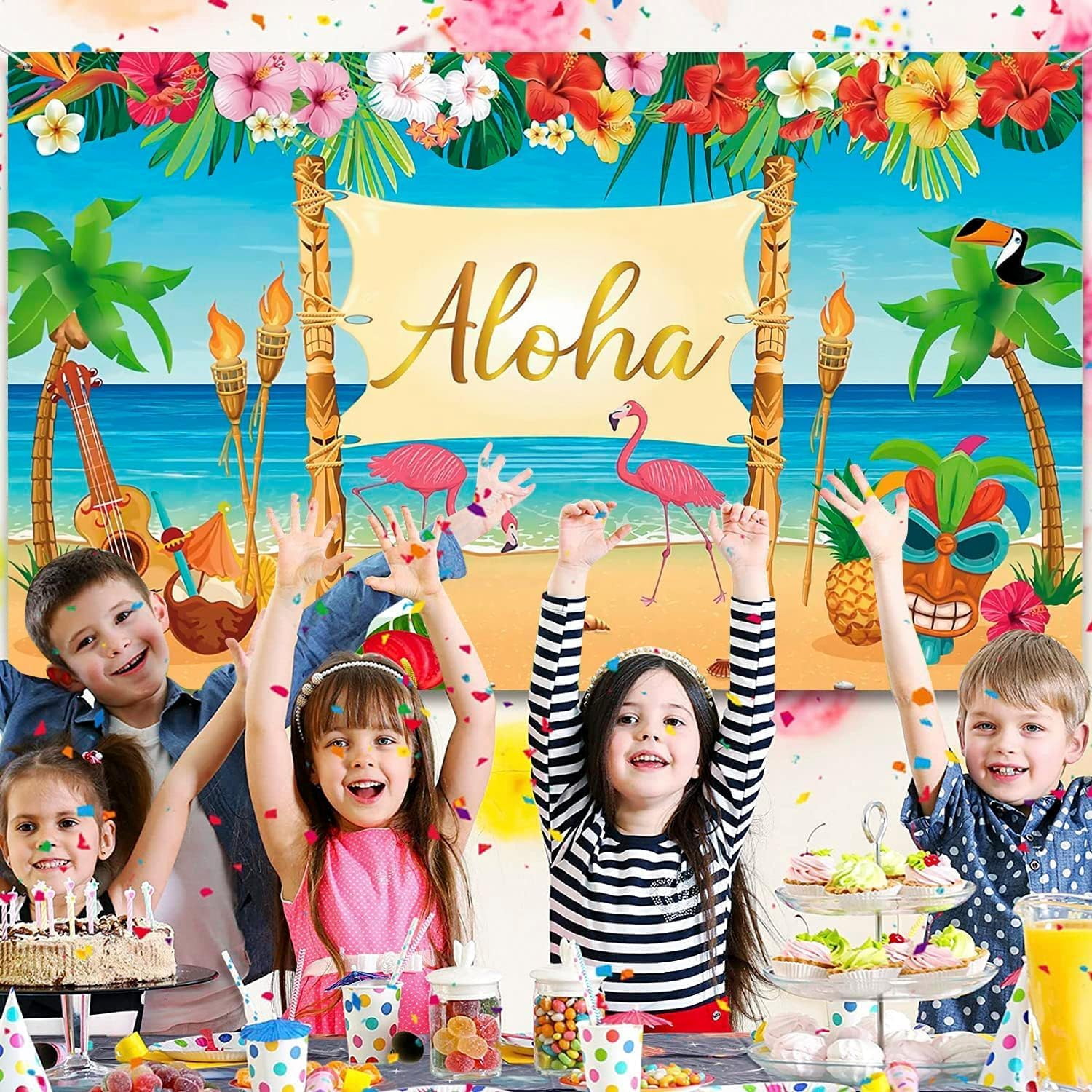 Hawaiian Aloha Party Decoration, Extra Large Summer Luau Beach Party Banner Backdrop Background Photography for Birthday Musical Party Baby Shower Tropical Tiki Themed Decoration, 72.8 X 43.3 Inch image number 5