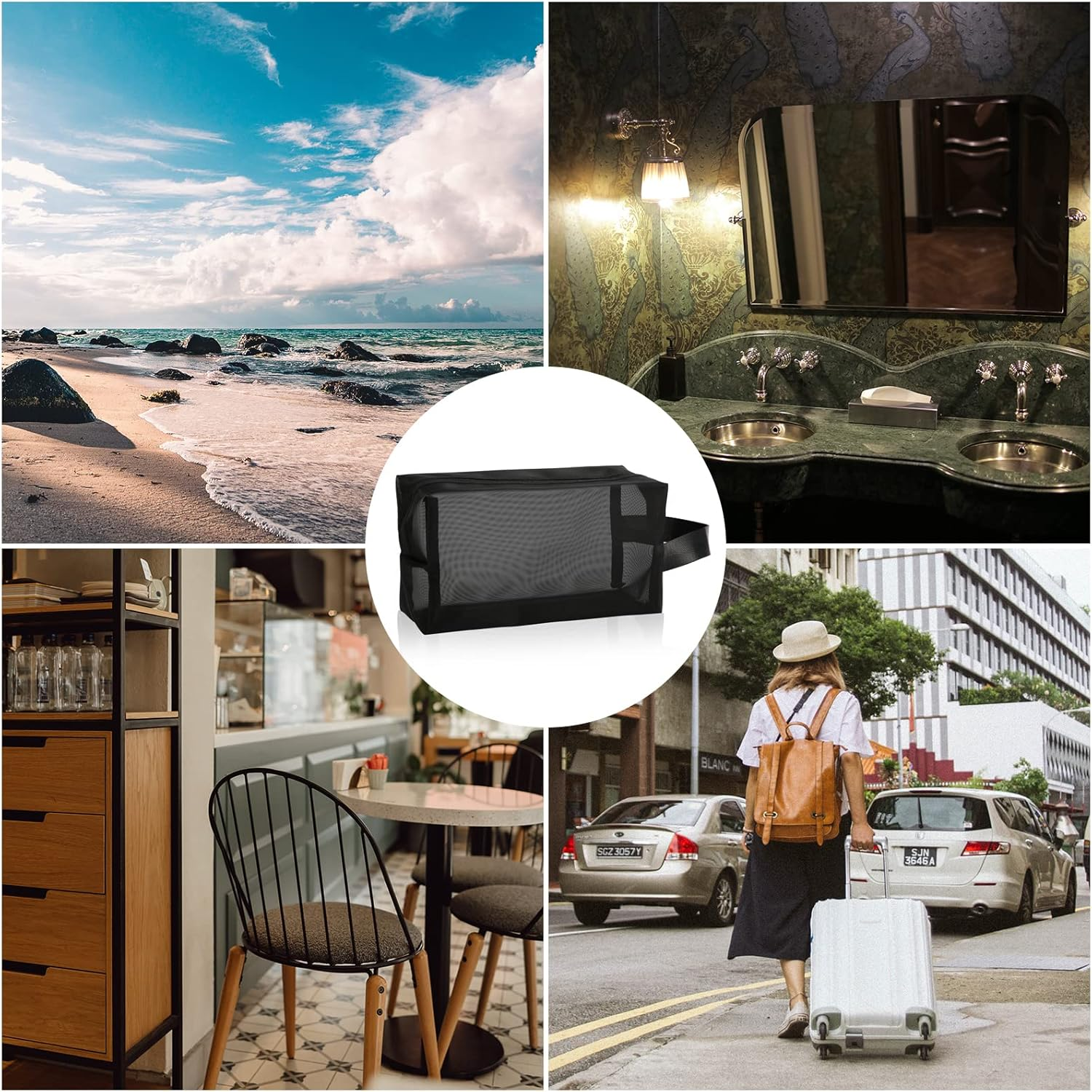 Black Mesh Shower Bag, Mesh Shower Caddy Portable Toiletry Bag Zippered Mesh Shower Bag Small with Handldes Hanging Carring Convenient for Travel, Bathroom, Cosmetics Organizer, Black, 21 X 12 X 8 Cm image number 5