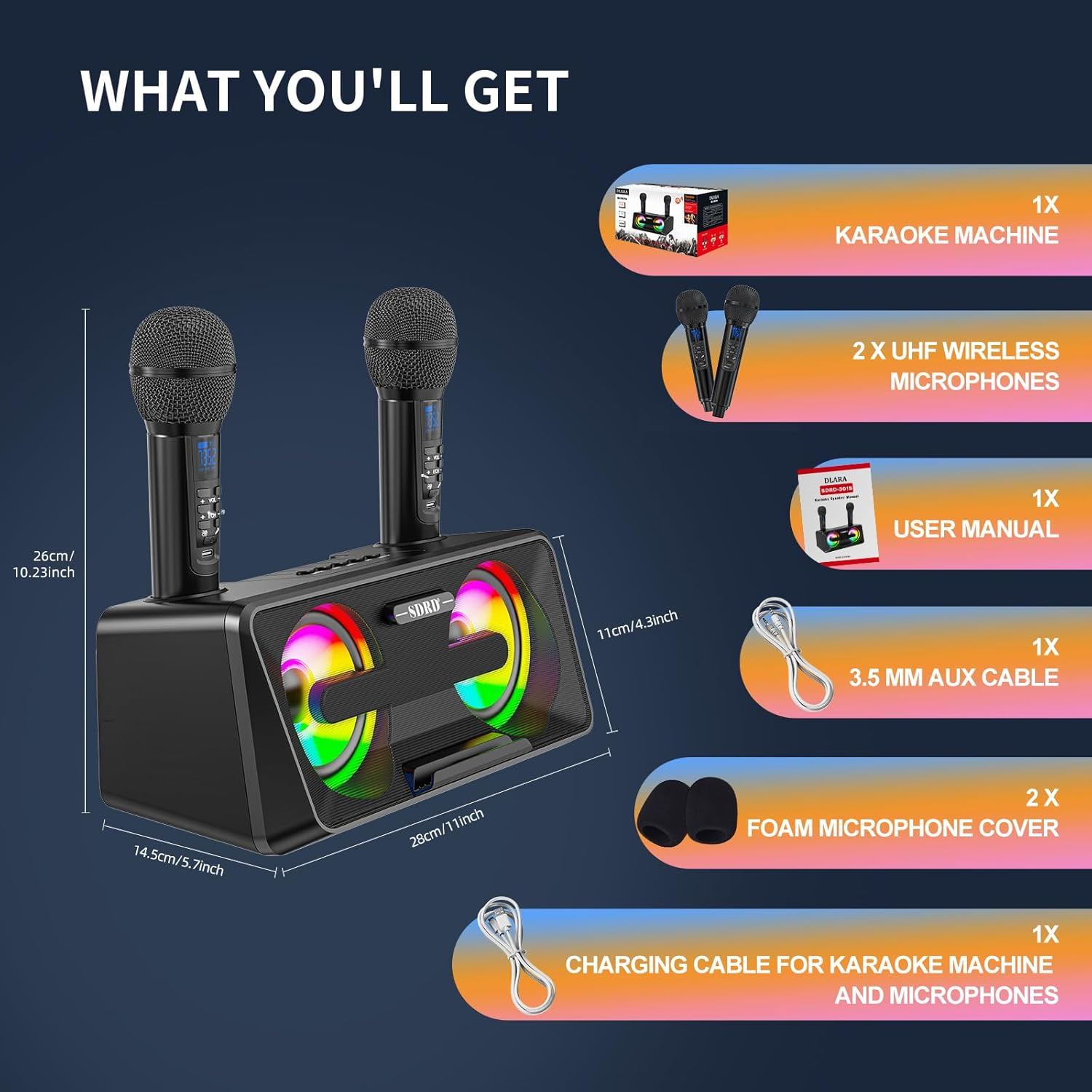 Karaoke Machine for Adults and Kids with 2 UHF Wireless Microphones,Portable Bluetooth Singing Speakers PA System with Disco Lights Phone Holder for Home Party, Picnic,Outdoor/Birthday Gifts image number 6