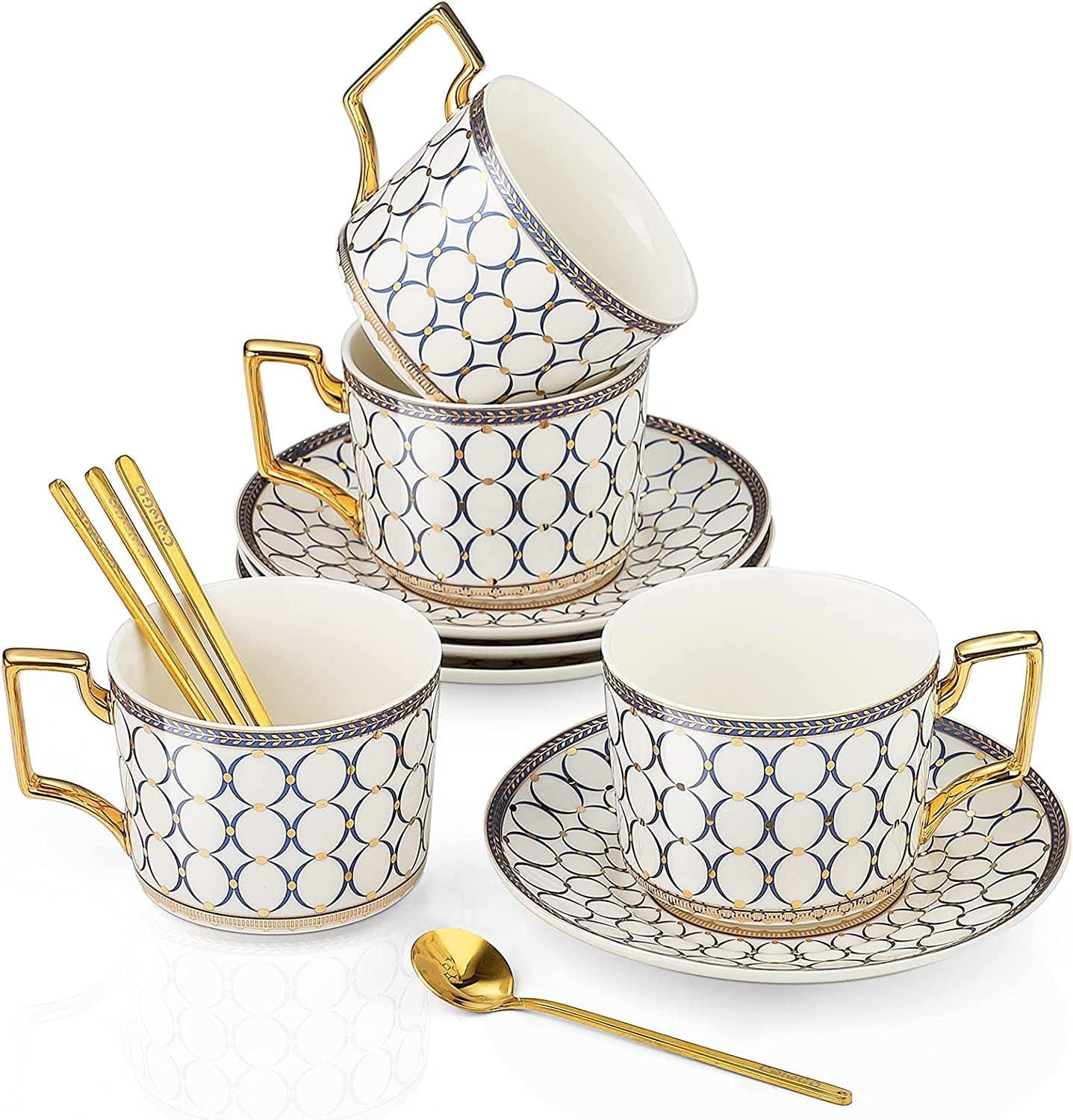 Cwlwgo-European Style Ceramic Coffe Cup and Saucer Sets, 7 Oz Bone China Beautifully Glazed Blue Gold Tea Cup Set, Golden Spoon,Cappuccino, Latte, Suitable for Women'S Gifts (4 Pack).&hellip;&hellip;