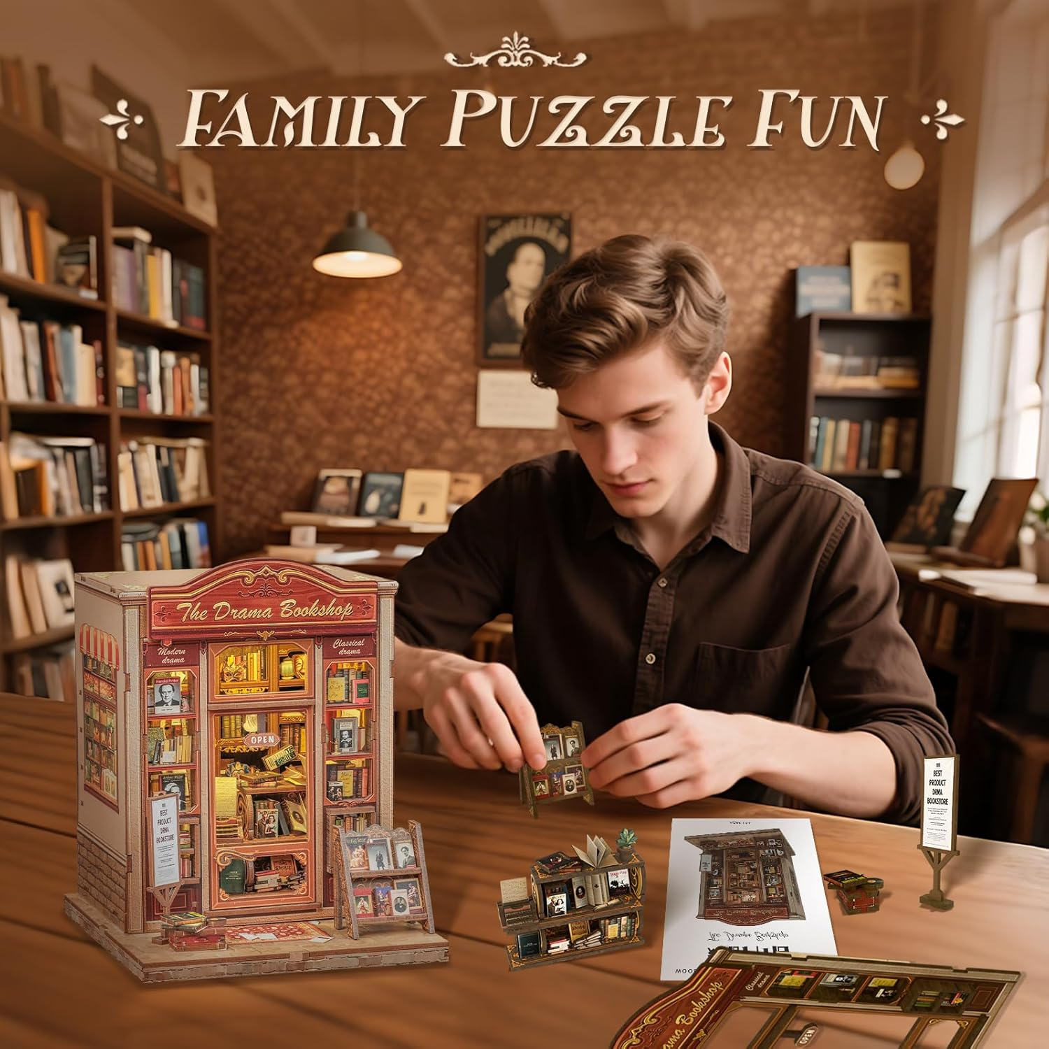 CUTEBEE Book Nook Kit - DIY Miniature House Dollhouse Kit for Adults and Teens, Booknook Tiny House Bookshelf Decor 3D Wooden Puzzle for Family, Friends (The Drama Bookshop) image number 1