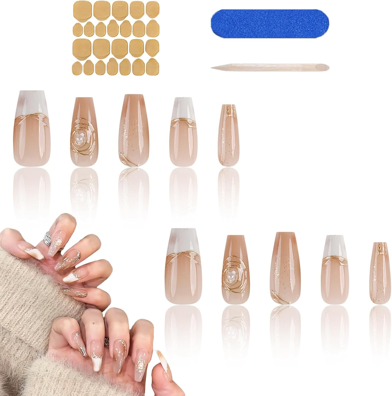 JOWILIN Press on Nails Set, 10 Pcs French Tip Exquisite Handmade Fake Nails with Ultra-Adhesive Jelly Glue and Nails Kit, Long-Lasting over Two Week, Reusable False Nails for Women, Girls (Pink)