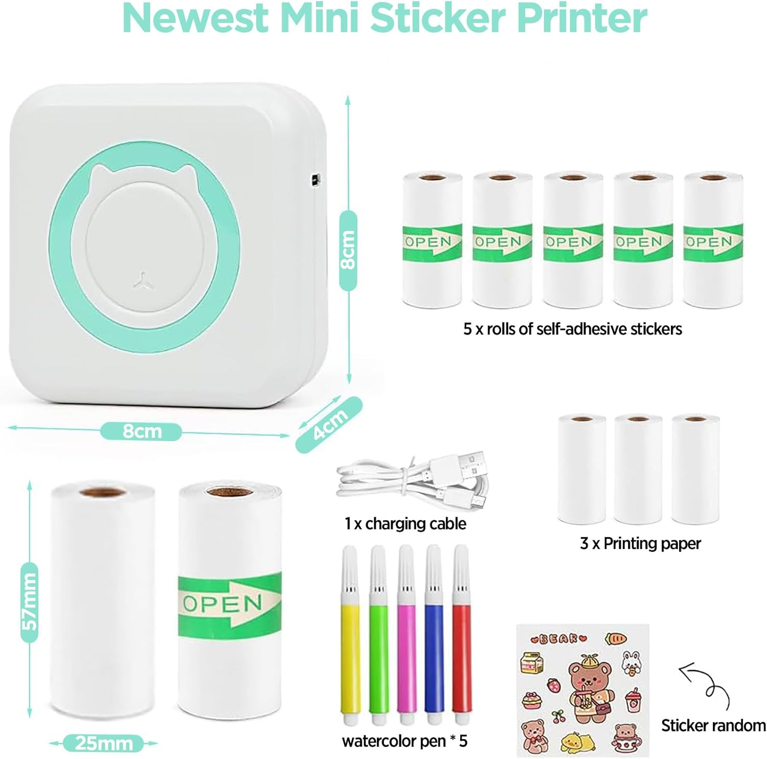 Print Pods Mini Printer Kits with 3 Rolls Printing Paper, 5 Rolls Self-Adhesive Paper, Watercolor Pens, Cartoon Stickers, Portable Bluetooth Phone Pocket Sticker Thermal Printer for Study, Photos, DIY image number 4