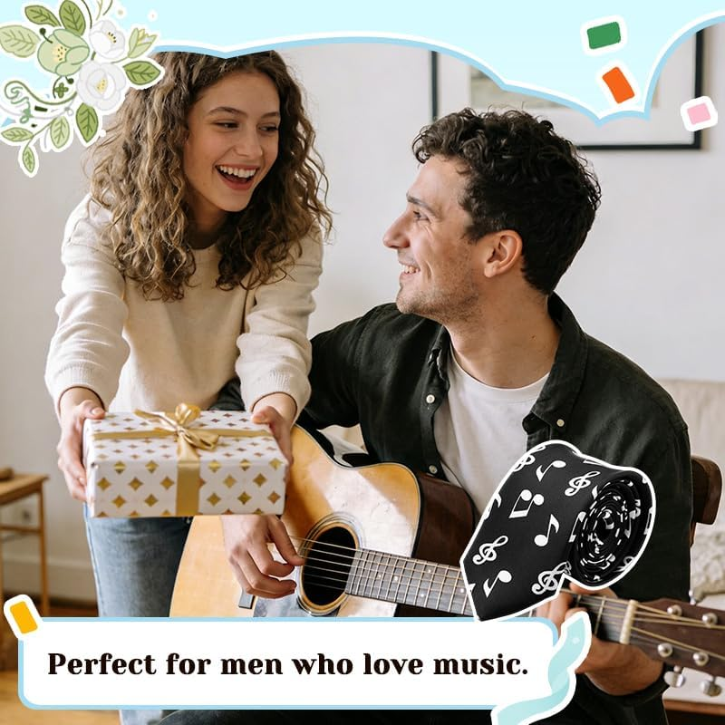 Music Note Necktie for Suit Shirt Accessories Musicians Neckties Music Lovers Birthday Gifts for Men Business Wedding Party Fashion Black Musical Note Neck Ties image number 1