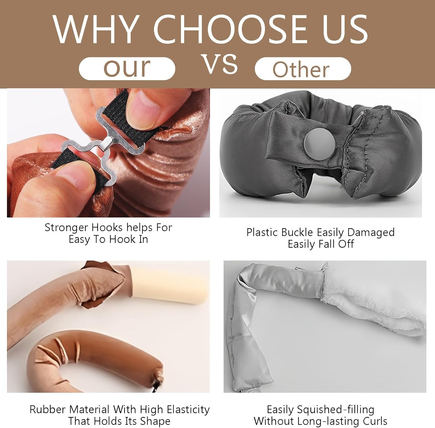 Heatless Hair Curler Rod Headband for Styling Tools, Sleep Overnight Curling Rollers Set, 4 Pack Khaki Color Rods with One Silk Head Scarf - Khaki Color image number 4